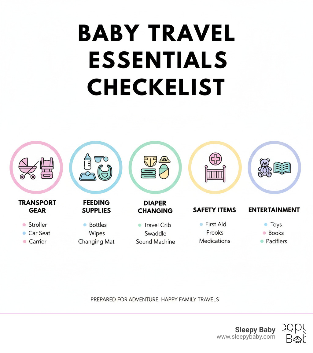 Comprehensive baby travel essentials checklist showing must-have items organized by category: transport gear (stroller, car seat, carrier), feeding supplies (bottles, formula, bibs), diaper changing essentials (diapers, wipes, changing mat), sleep aids (travel crib, swaddle, sound machine), safety items (first aid kit, medications), and entertainment (toys, books, pacifiers) - baby travel essentials infographic Comprehensive baby travel essentials checklist showing must-have items organized by category: transport gear (stroller, car seat, carrier), feeding supplies (bottles, formula, bibs), diaper changing essentials (diapers, wipes, changing mat), sleep aids (travel crib, swaddle, sound machine), safety items (first aid kit, medications), and entertainment (toys, books, pacifiers) - baby travel essentials infographic