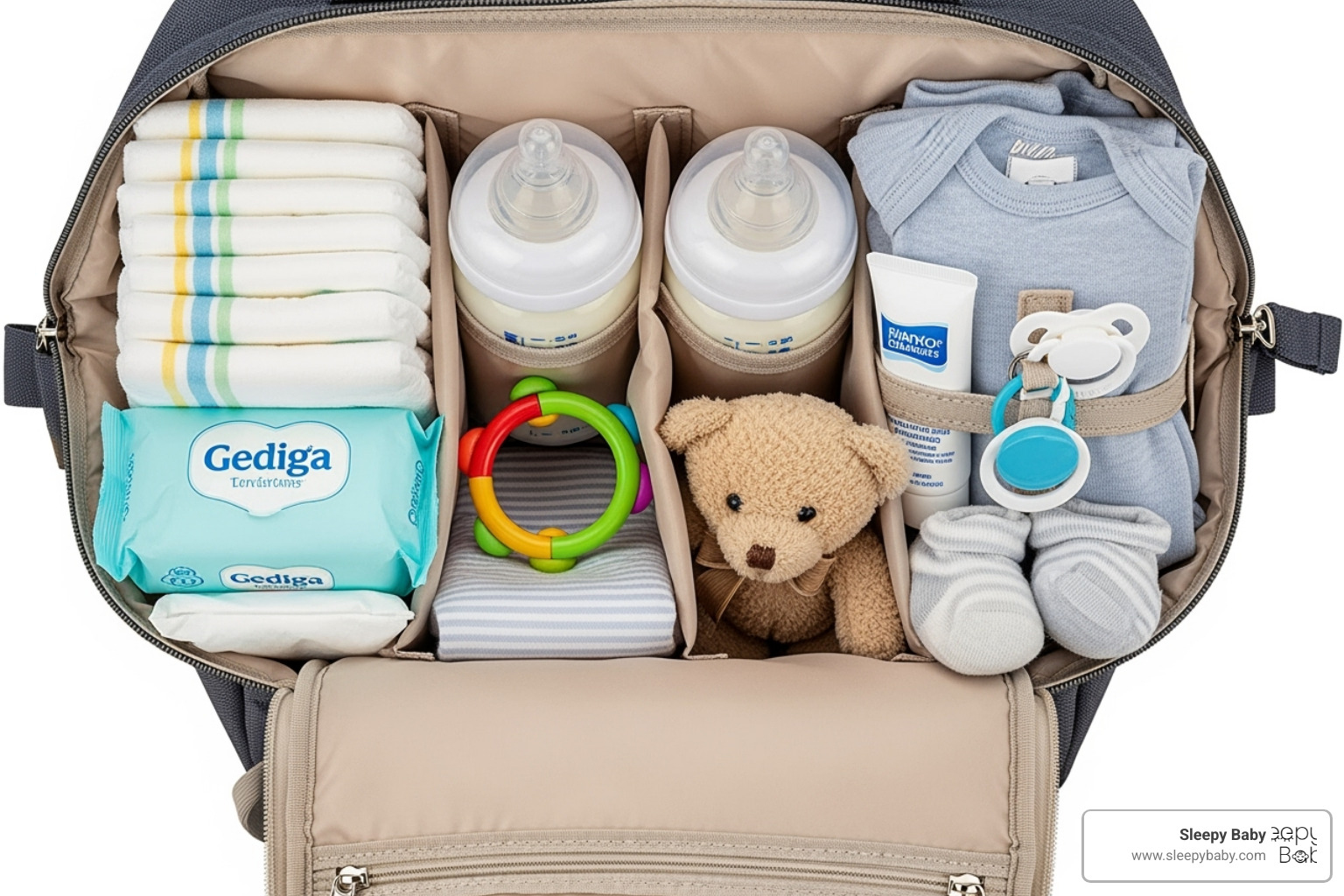 perfectly organized diaper bag backpack with items neatly arranged - baby travel essentials perfectly organized diaper bag backpack with items neatly arranged - baby travel essentials
