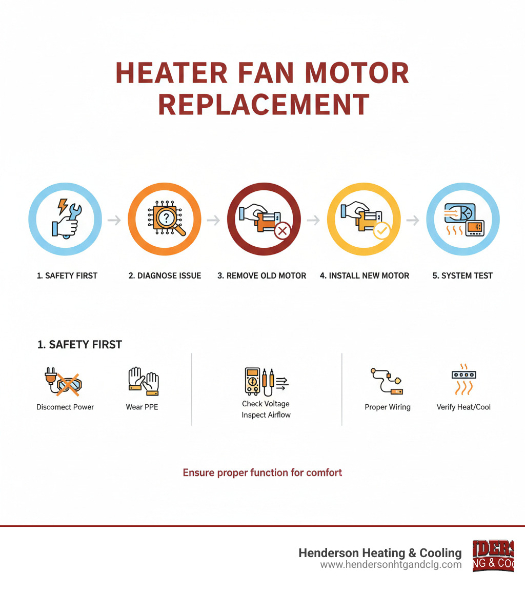 Detailed infographic showing the step-by-step process of heater fan motor replacement, including safety precautions, diagnostic steps, removal of old motor, installation of new motor, and final system testing - heater fan motor replacement infographic 