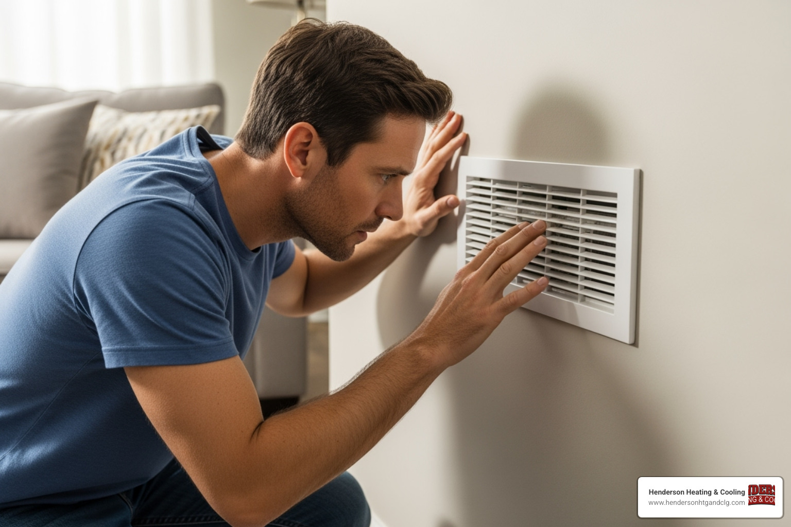 a homeowner looking concerned at a silent air vent. - heater fan motor replacement