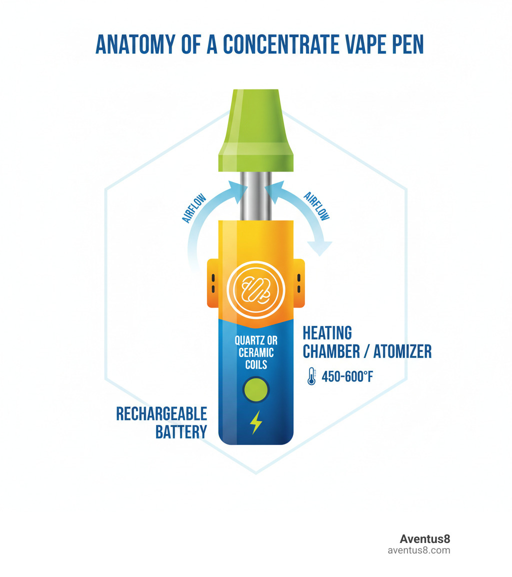 Infographic showing the anatomy of a concentrate vape pen with labeled parts: rechargeable battery at the base, heating chamber/atomizer in the middle containing quartz or ceramic coils, and mouthpiece at the top, with arrows indicating airflow direction and temperature range of 450-600°F - Best concentrate vape pen infographic  Infographic showing the anatomy of a concentrate vape pen with labeled parts: rechargeable battery at the base, heating chamber/atomizer in the middle containing quartz or ceramic coils, and mouthpiece at the top, with arrows indicating airflow direction and temperature range of 450-600°F - Best concentrate vape pen infographic