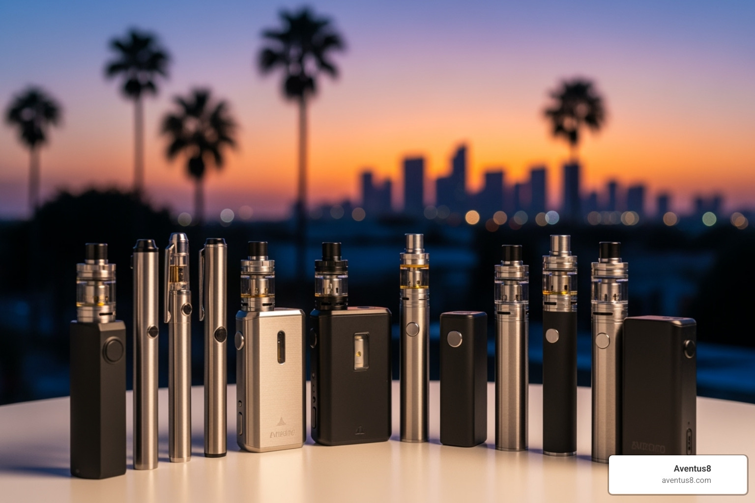 Aventus8's collection of sleek, portable concentrate vape pens, some in pen-style, some compact box mods, displayed on a minimalist table with a backdrop of a Hollywood, FL cityscape at sunset - Best concentrate vape pen Aventus8's collection of sleek, portable concentrate vape pens, some in pen-style, some compact box mods, displayed on a minimalist table with a backdrop of a Hollywood, FL cityscape at sunset - Best concentrate vape pen