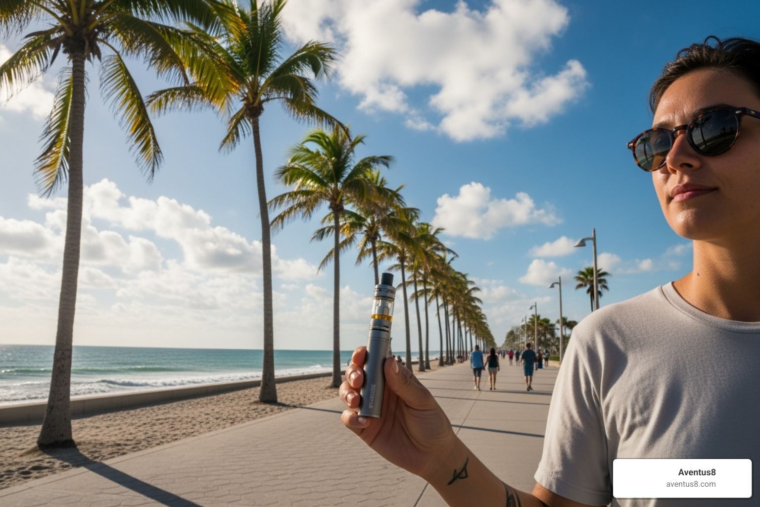 A person with a stylish concentrate vape pen in hand, casually enjoying a session while strolling along the Hollywood Beach Broadwalk, with the ocean and palm trees in the background - Best concentrate vape pen A person with a stylish concentrate vape pen in hand, casually enjoying a session while strolling along the Hollywood Beach Broadwalk, with the ocean and palm trees in the background - Best concentrate vape pen