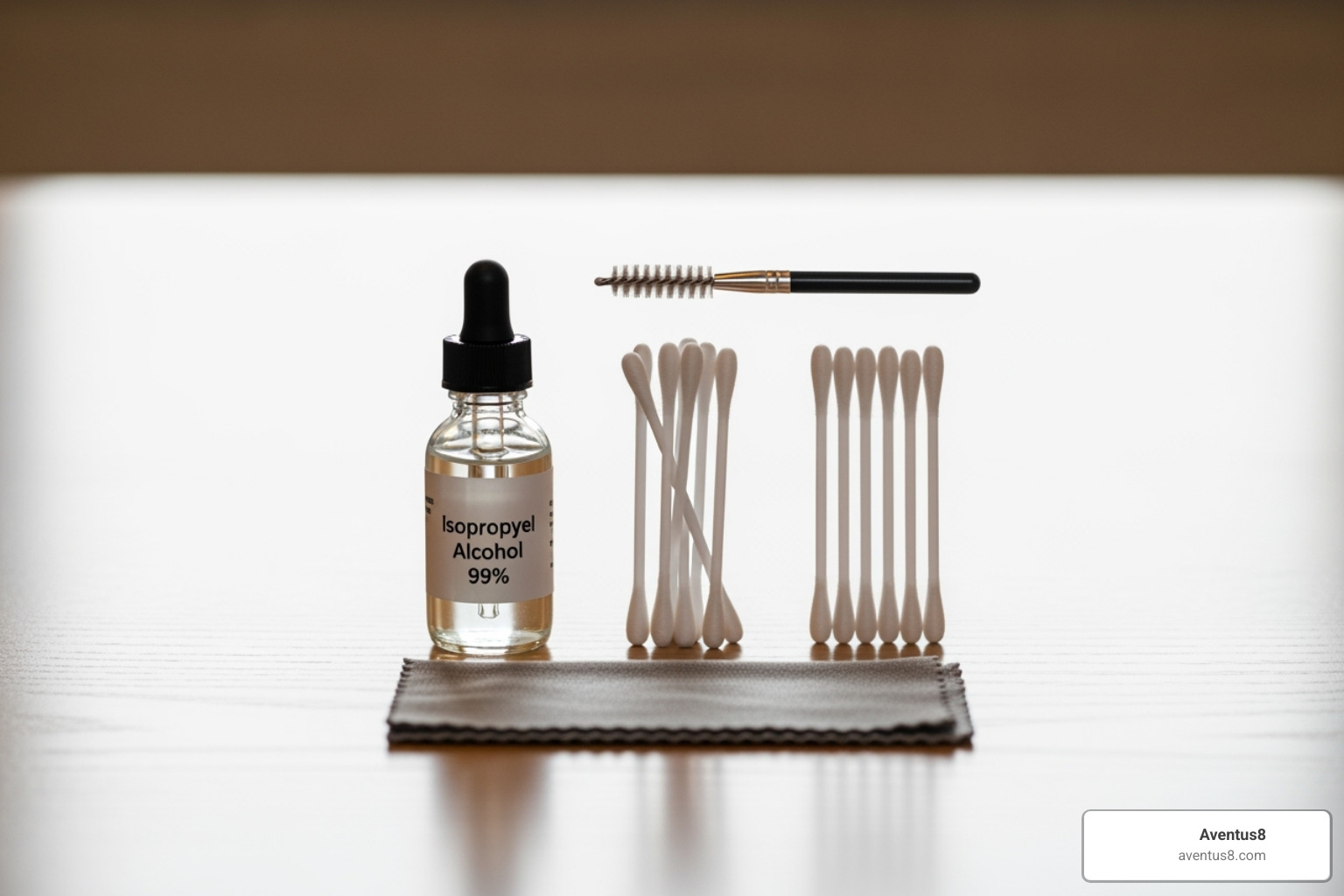 A cleaning kit for a vape pen, featuring cotton swabs, a small brush, and a bottle of isopropyl alcohol, neatly arranged on a clean surface - Best concentrate vape pen A cleaning kit for a vape pen, featuring cotton swabs, a small brush, and a bottle of isopropyl alcohol, neatly arranged on a clean surface - Best concentrate vape pen