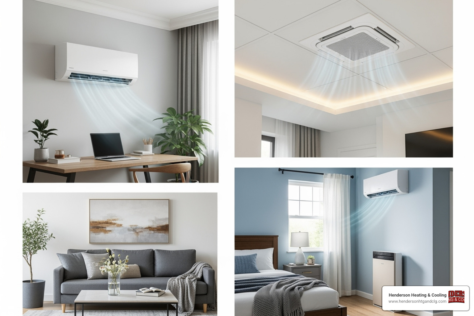 Image showcasing different indoor unit styles like wall-mounted, ceiling cassette, and floor-mounted - ductless ac