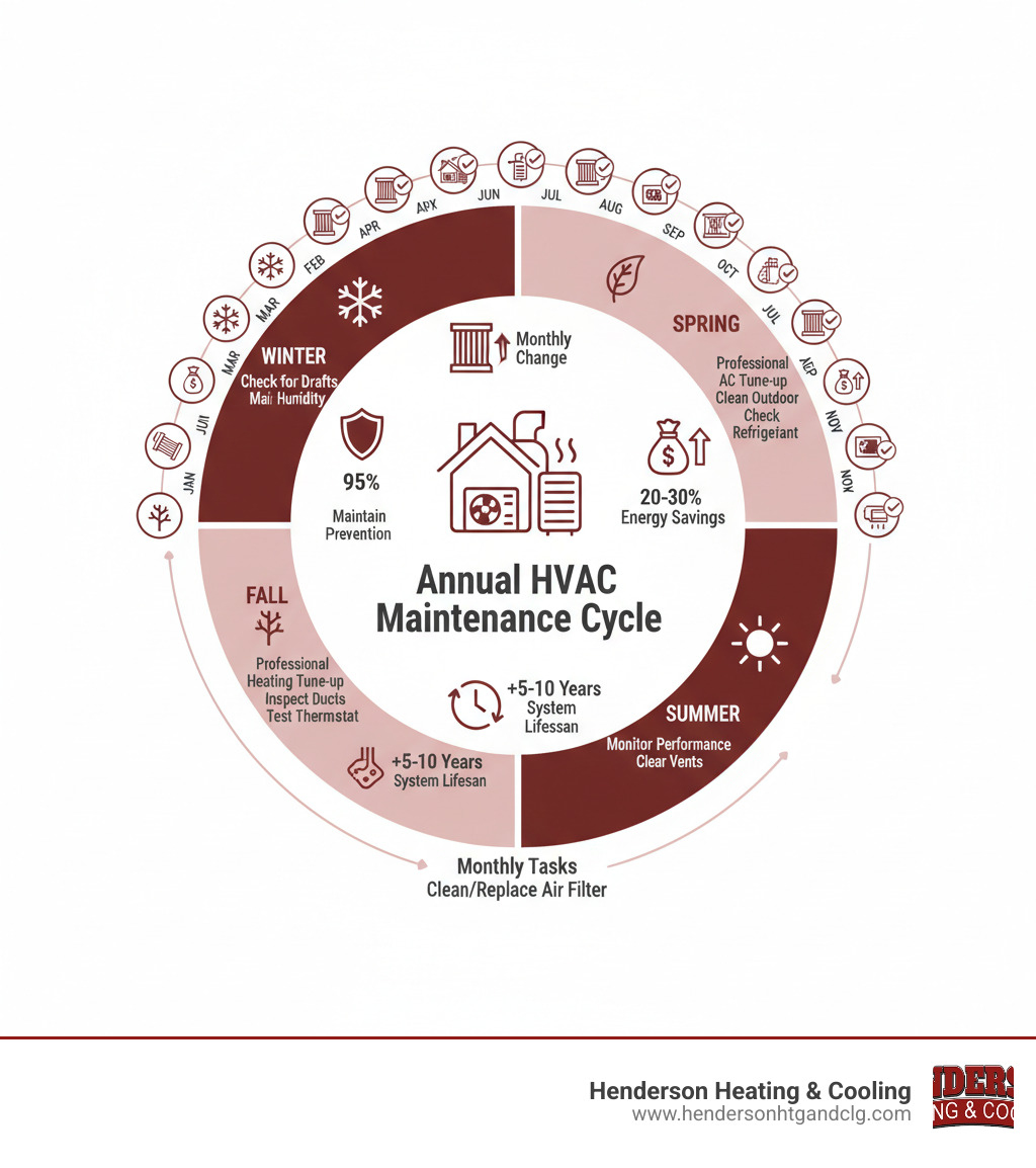 Comprehensive infographic showing the annual HVAC maintenance cycle with seasonal tasks, monthly filter changes, energy savings percentages, system lifespan extension, and breakdown prevention statistics arranged in a circular timeline format - hvac systems maintenance infographic 