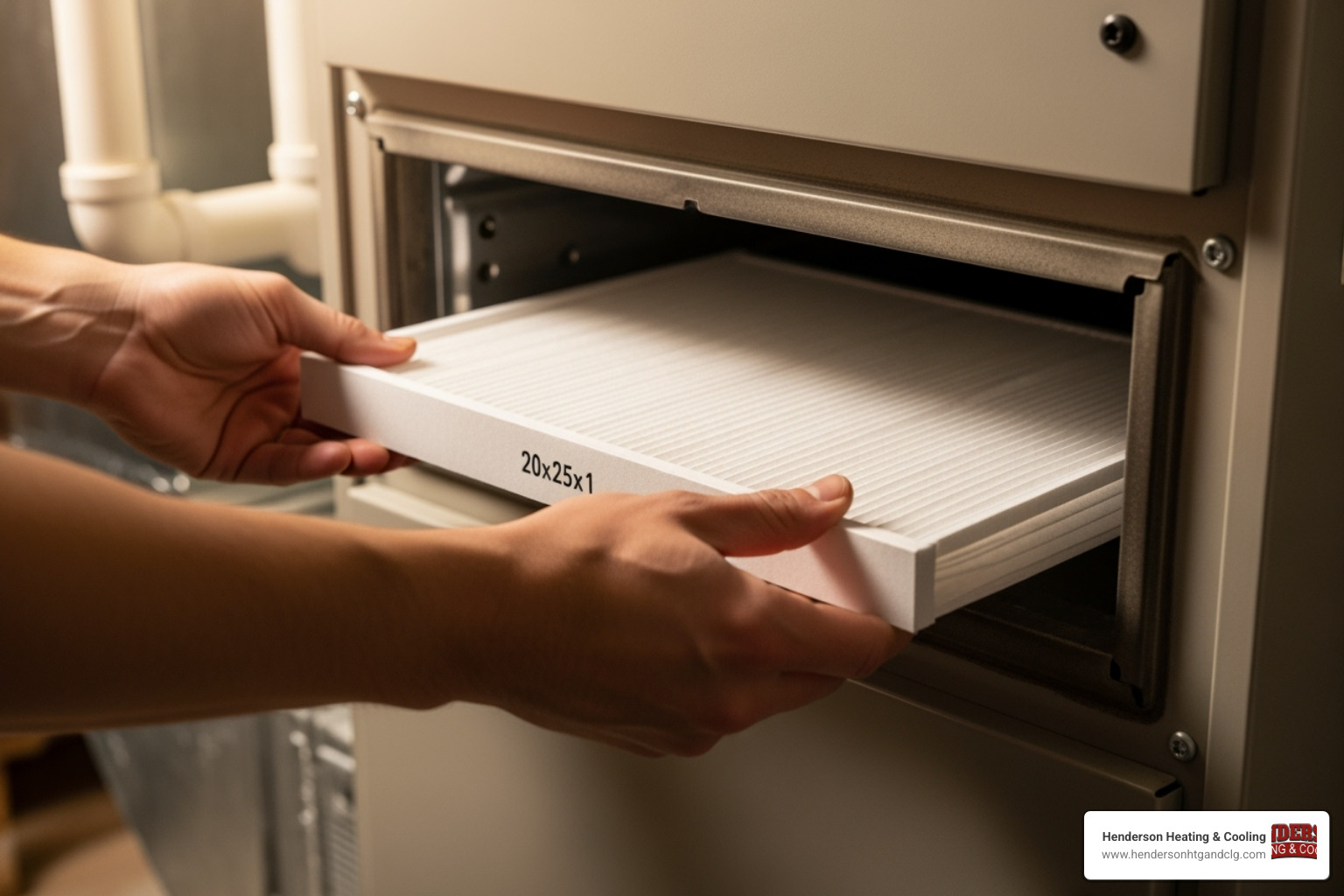 Homeowner easily sliding a new, clean air filter into a furnace - hvac systems maintenance