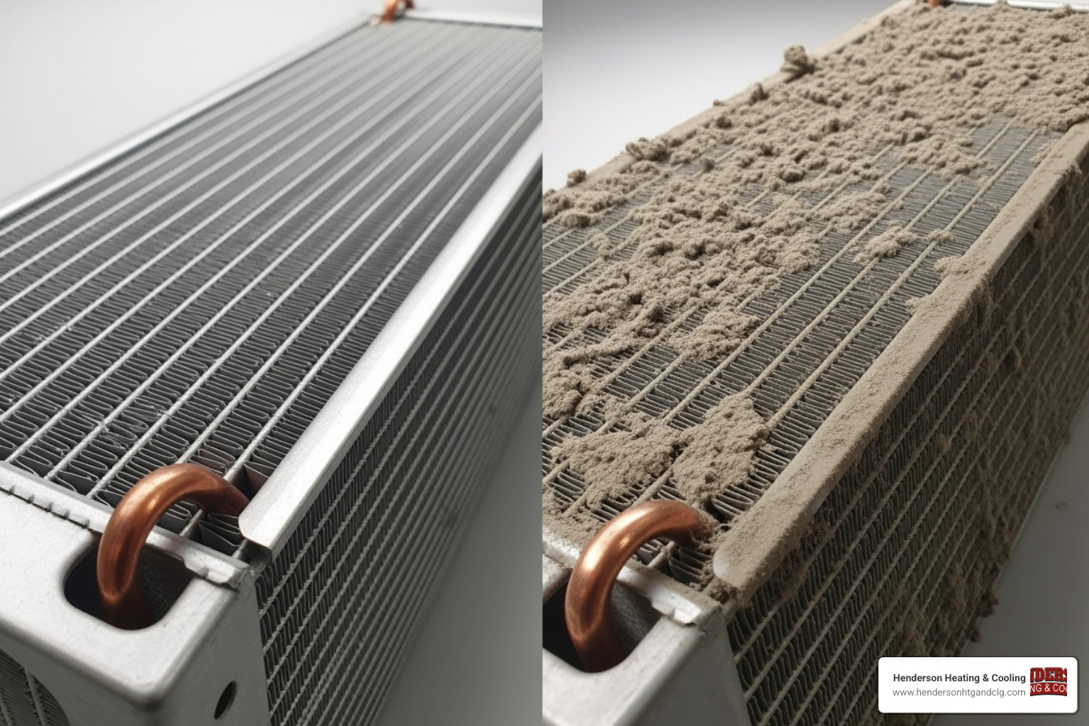 A clean HVAC coil next to a dirty, dust-laden one - air duct cleaning and sanitizing near me