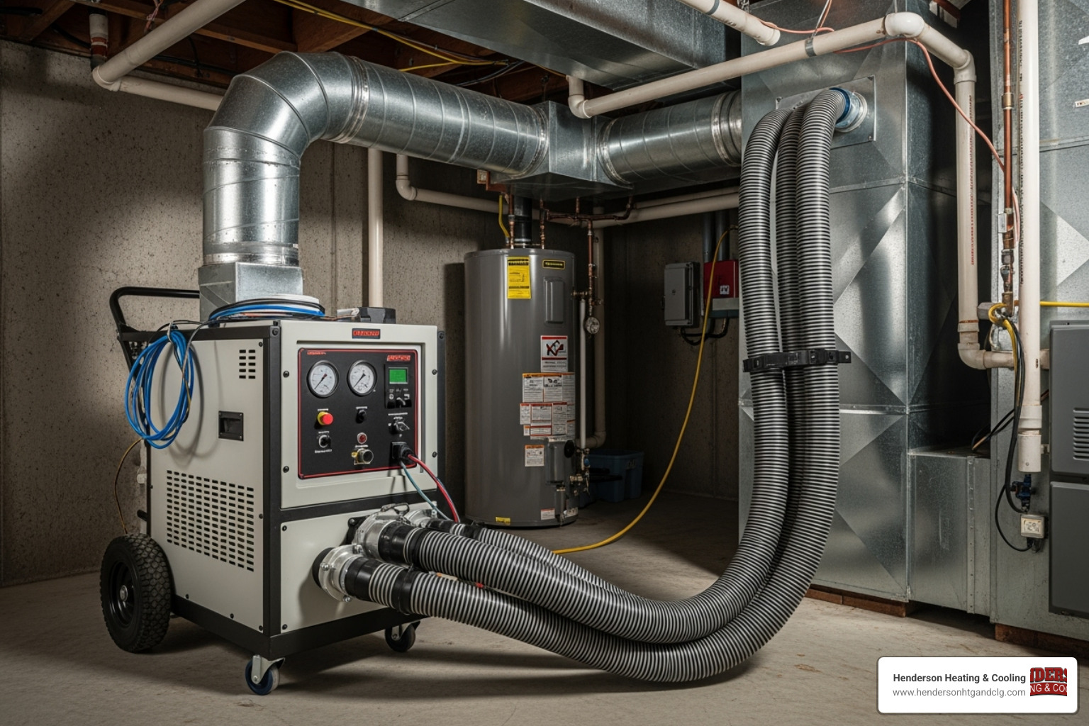 Professional negative air pressure equipment connected to ductwork, with hoses leading into the home's ventilation system - air duct cleaning and sanitizing near me