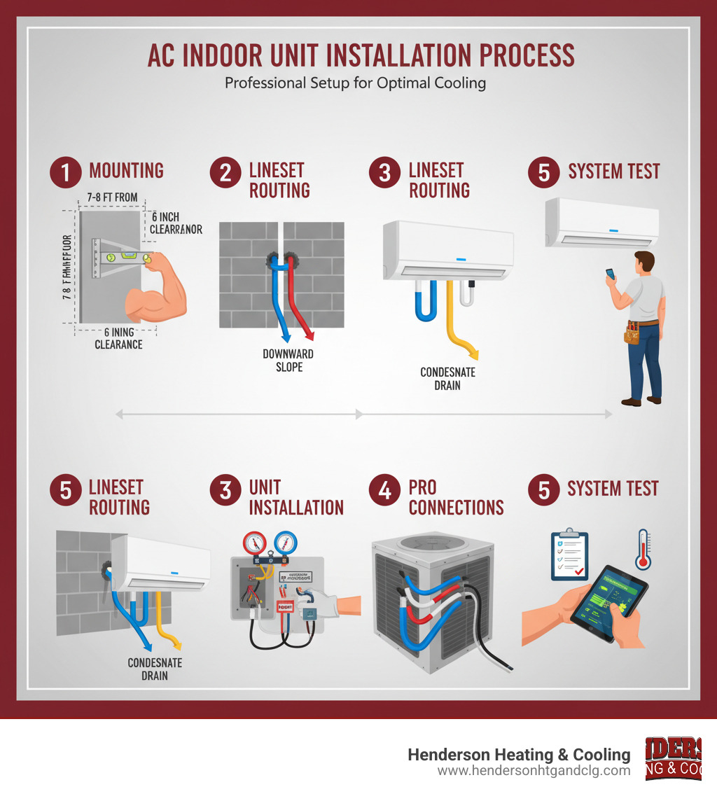 Detailed infographic showing the complete AC indoor unit installation process: wall-mounted indoor unit with proper clearances, refrigerant lines running through exterior wall to outdoor condenser unit, electrical connections to disconnect box, condensate drain line with proper slope, and professional technician using specialized tools for refrigerant connections and system testing - ac indoor unit installation infographic 