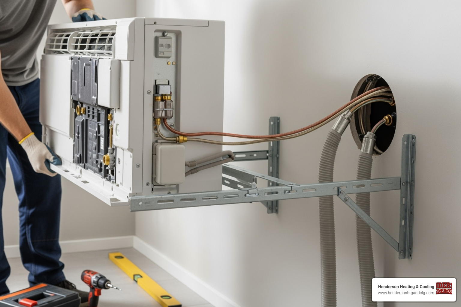 An AC indoor unit being carefully lifted onto its mounting bracket, with lineset and drain hose already fed through the wall opening - ac indoor unit installation