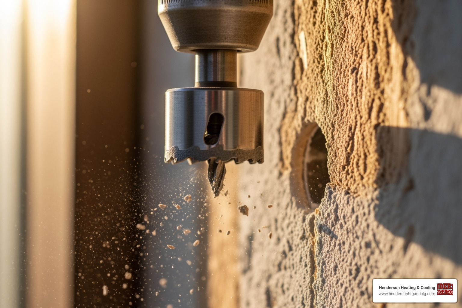 A hole saw drilling through an exterior wall, showing the drill angled slightly downward - ac indoor unit installation