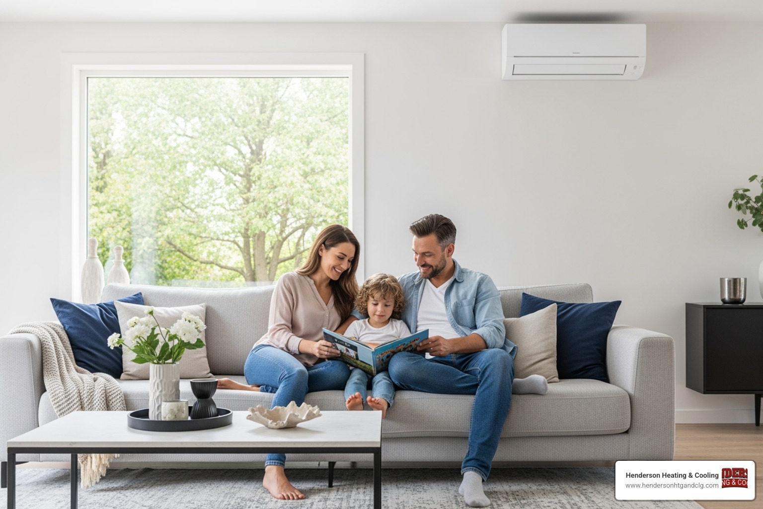 A happy family enjoying a cool living room, with a discreetly mounted AC indoor unit in the background - ac indoor unit installation