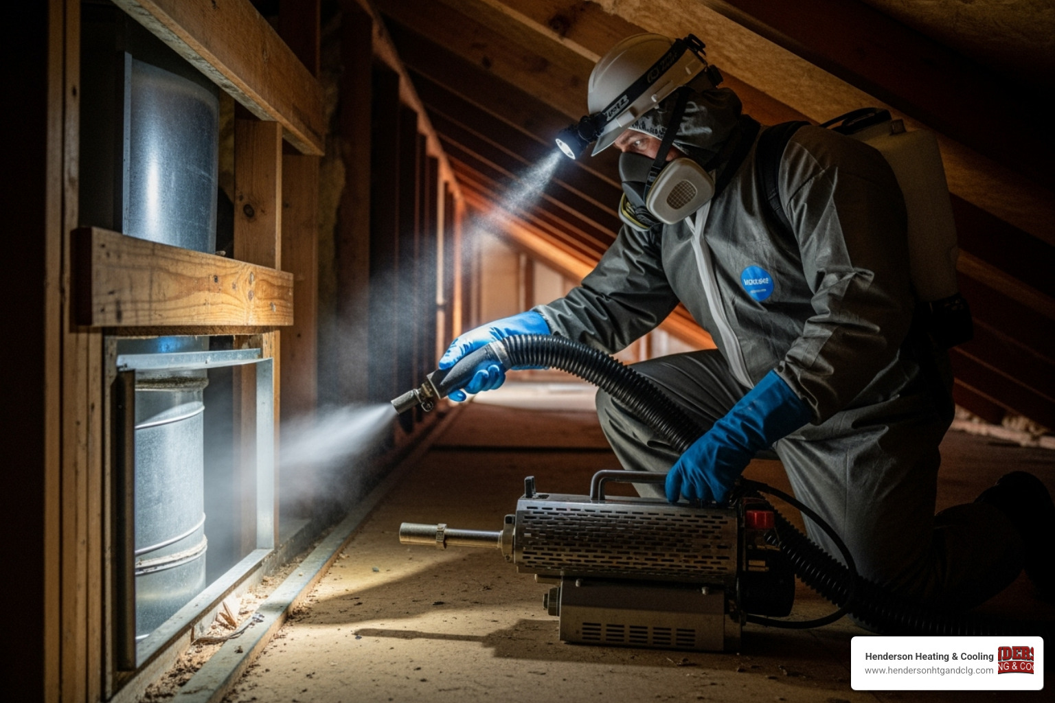 professional technician using a fogging machine in a home's ductwork - air duct sanitizing