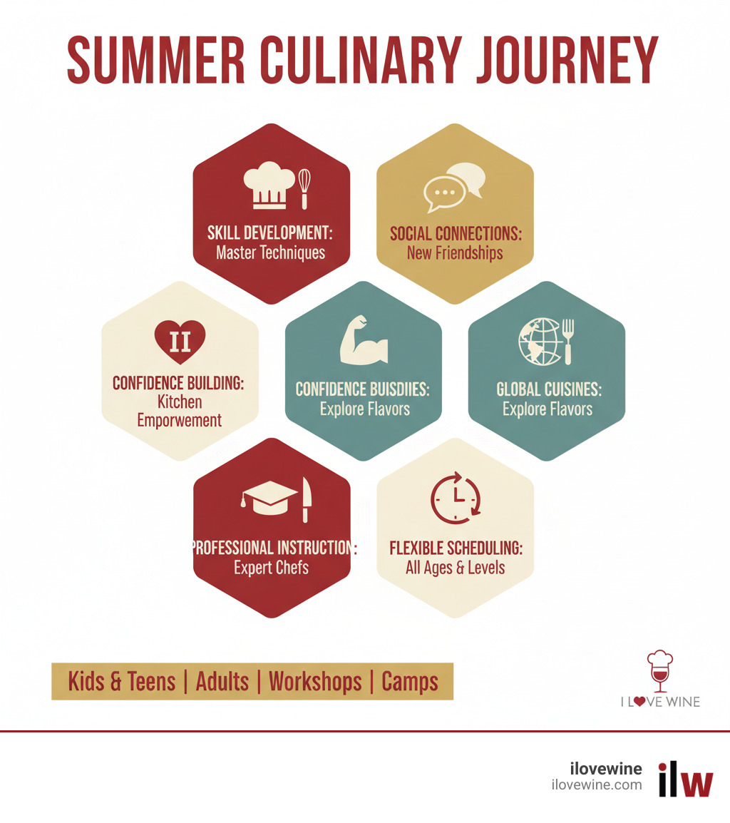 Comprehensive infographic showing summer cooking class benefits including skill development, social connections, confidence building, exposure to global cuisines, professional instruction, and flexible scheduling options for different age groups - Summer cooking classes infographic 