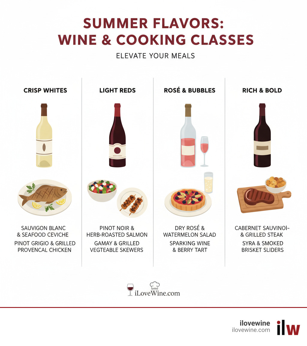 Infographic showing different types of wines paired with various summer dishes prepared in cooking classes - Summer cooking classes infographic 