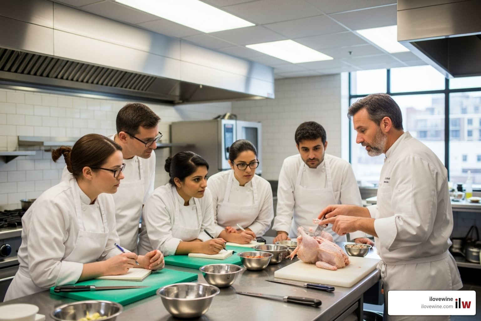 Adults in a professional kitchen learning from a chef - Summer cooking classes