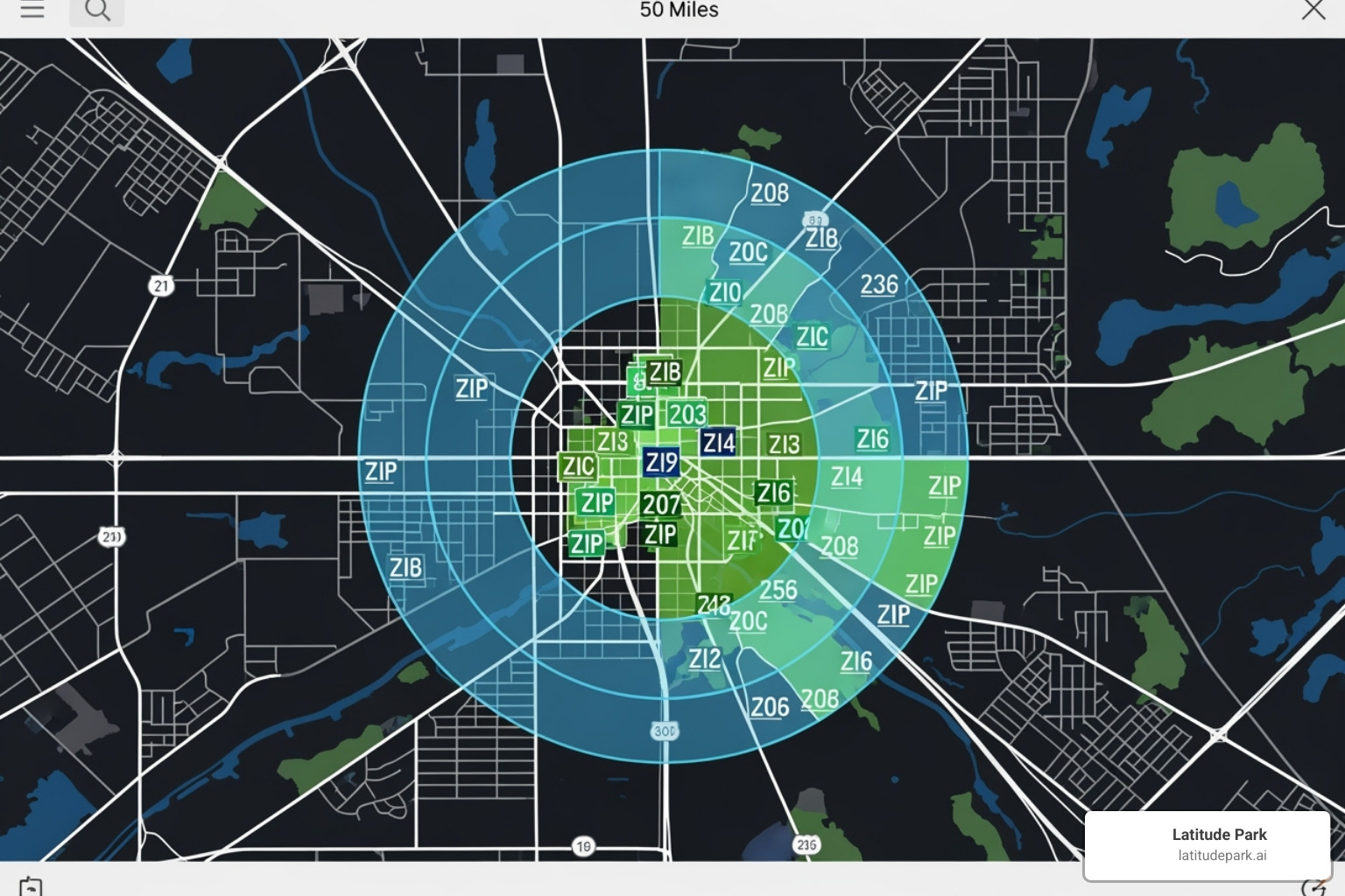location targeting interface in Google Ads showing radius and zip code options - local search ad campaigns