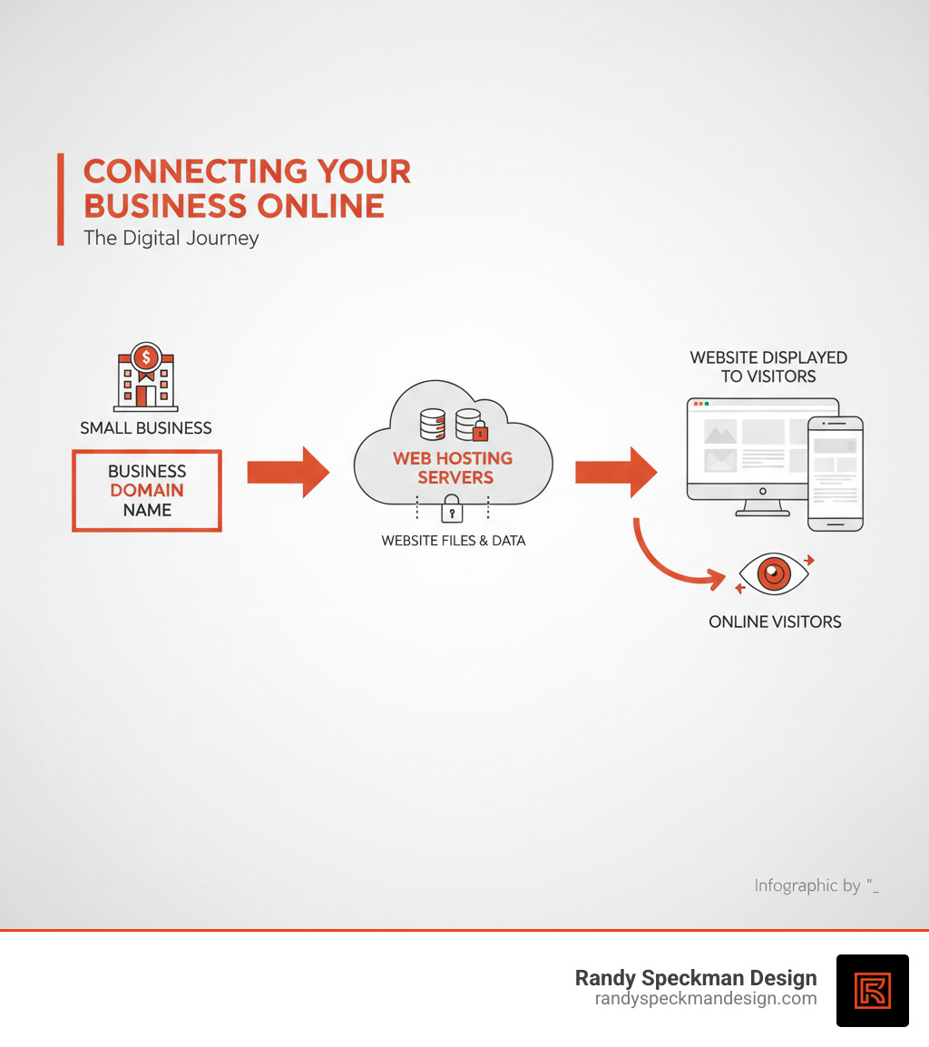 Infographic showing the relationship between domain names pointing to web hosting servers that store website files, with arrows connecting a business domain to server infrastructure to the final website displayed to visitors - best web hosting sites for small business infographic 