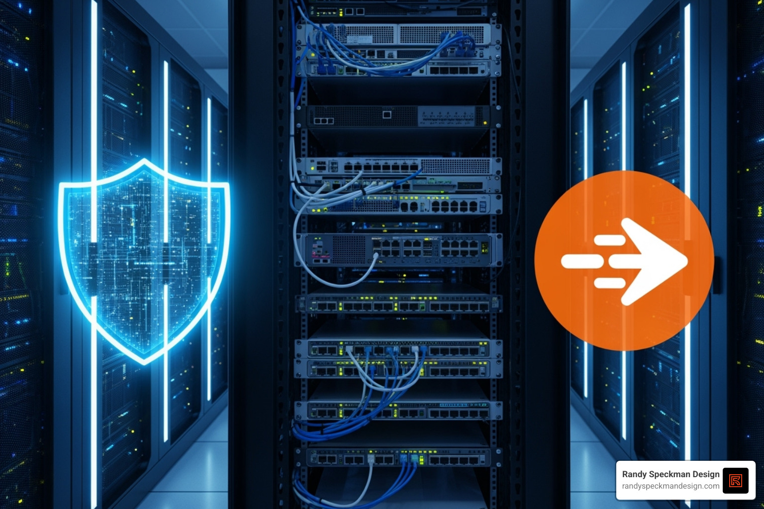 A server rack with a digital shield icon overlayed on the left and a speed icon overlayed on the right - best web hosting sites for small business