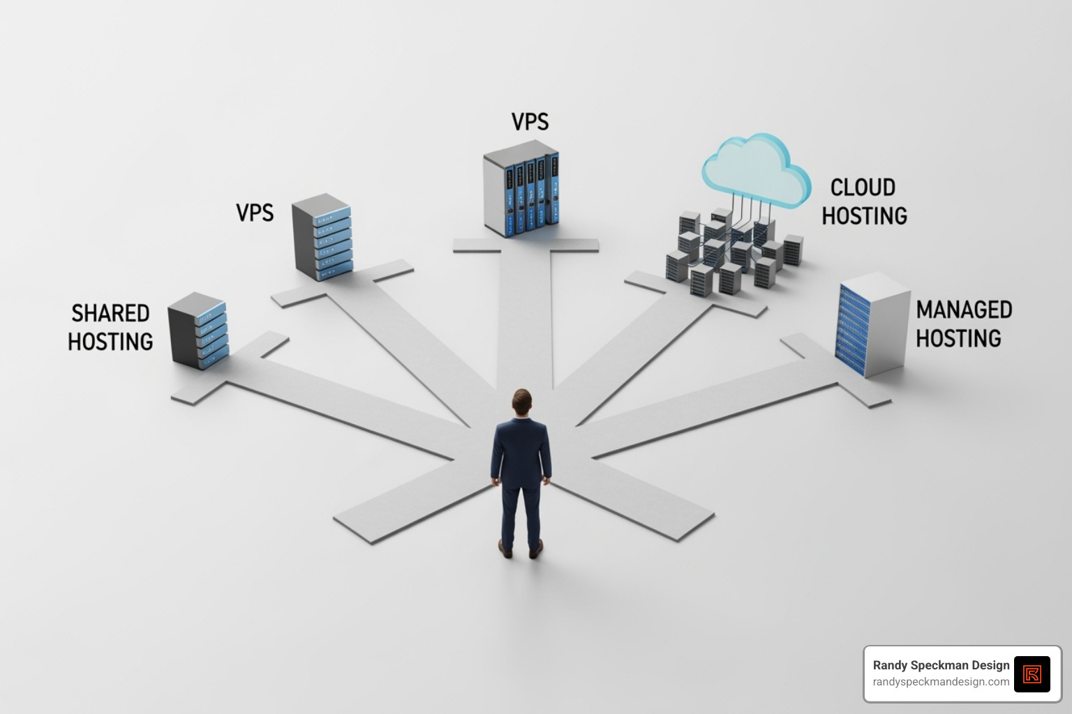 A flowchart guiding a user to their ideal hosting type based on business needs like traffic, technical skill, and budget, showing paths for shared, VPS, cloud, and managed hosting - best web hosting sites for small business