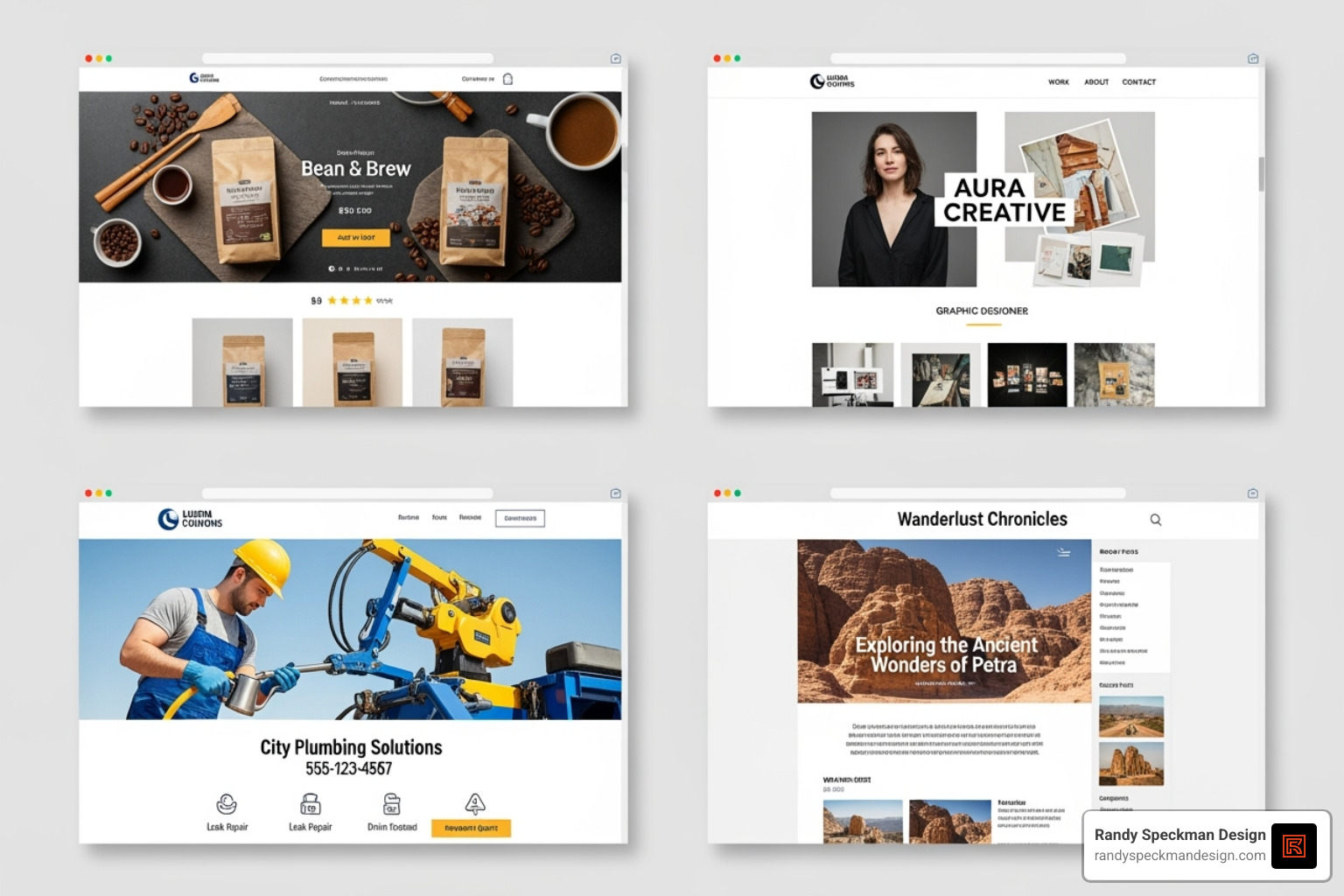 A gallery showcasing different types of small business websites including an e-commerce store, a professional portfolio, a local service business, and a personal blog - best web hosting sites for small business