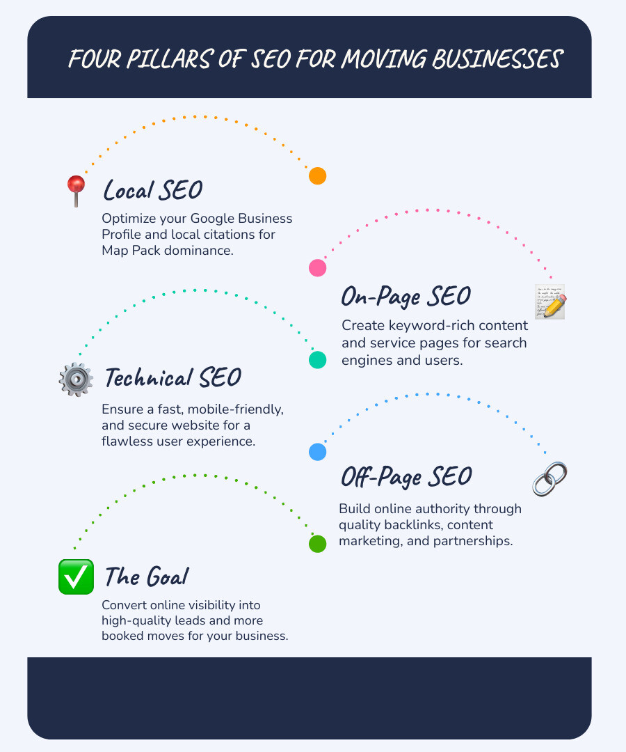 Infographic showing four pillars of SEO: Local SEO with map pin icon showing Google Business Profile optimization and local citations, On-Page SEO with document icon showing keyword optimization and content creation, Technical SEO with gear icon showing website speed and mobile optimization, and Off-Page SEO with chain link icon showing backlink building and content marketing - seo for moving businesses infographic infographic-line-5-steps-blues-accent_colors