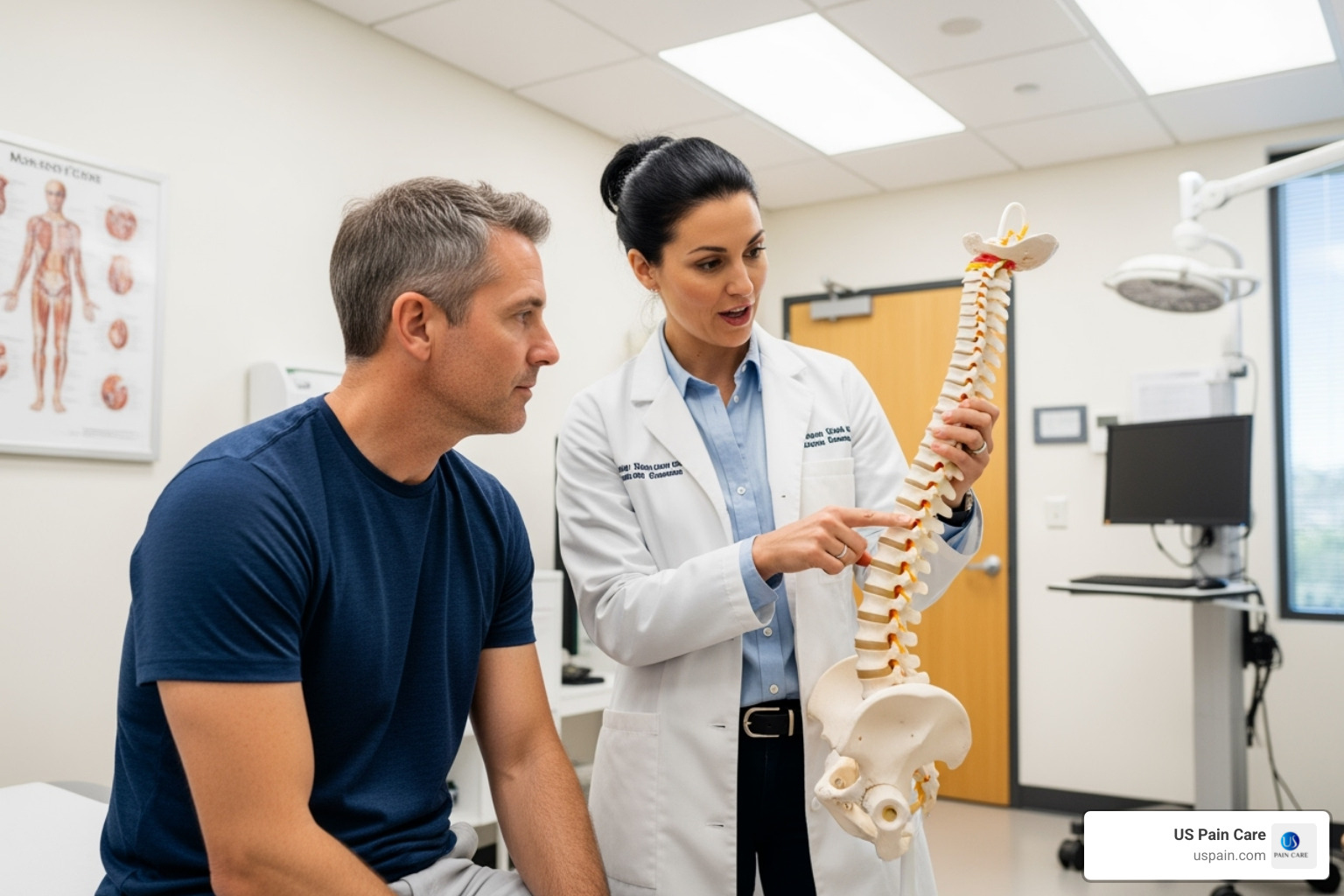 physician explaining a spinal model to a patient - interventional pain
