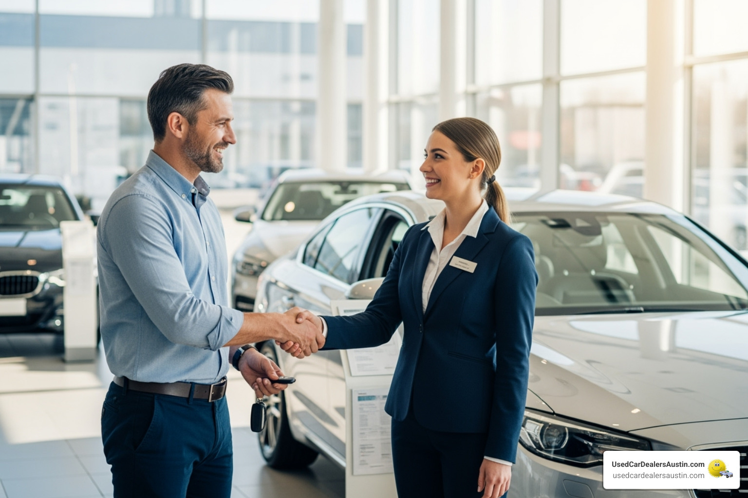 image of a customer shaking hands with a car dealer after a successful test drive - dealership inventory search