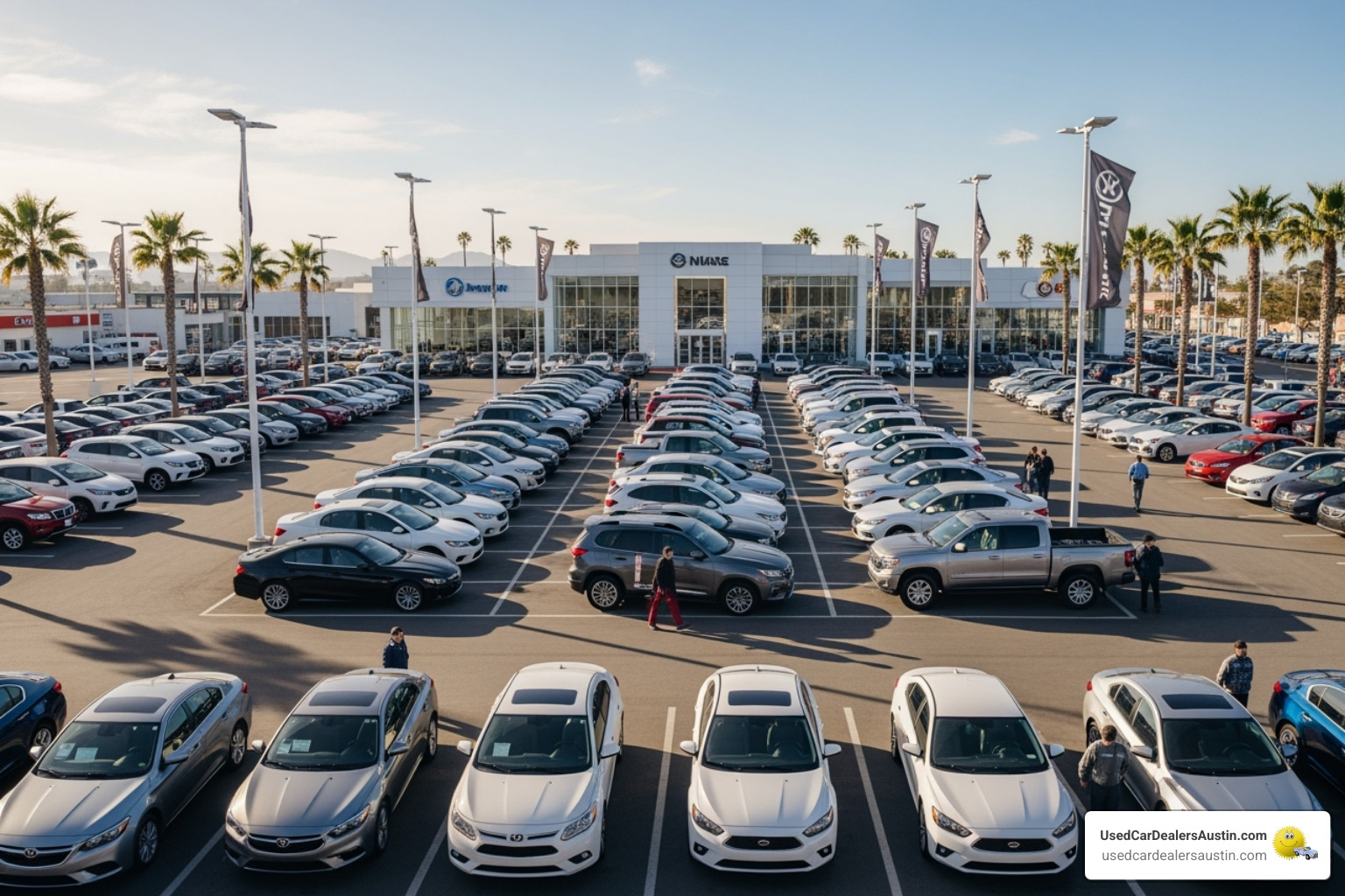 image of a wide-angle shot showing a large, diverse car lot - dealership inventory search