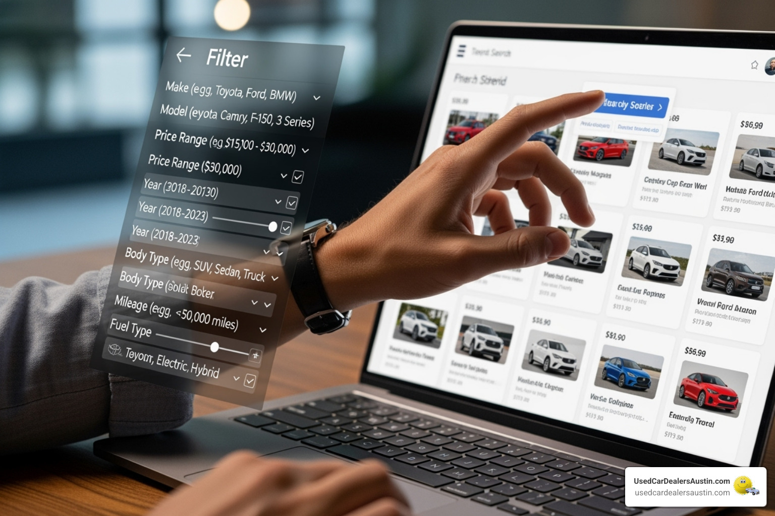 image of a dealership website's search interface with filter options clearly visible - dealership inventory search