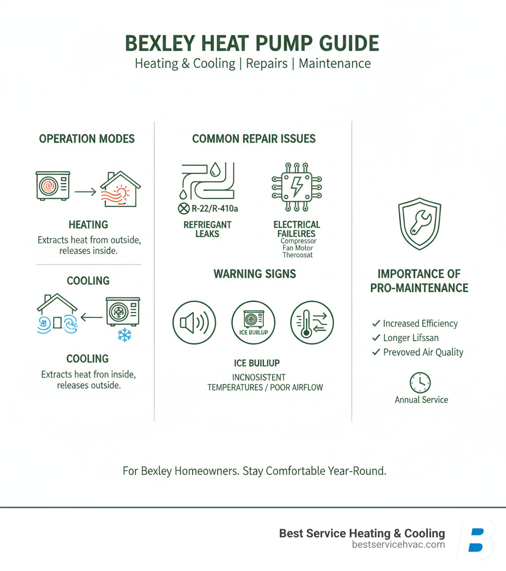 Comprehensive infographic showing heat pump operation in both heating and cooling modes, common repair issues like refrigerant leaks and electrical failures, warning signs such as strange noises and ice buildup, and the importance of professional maintenance for Bexley homeowners - bexley heat pump repair infographic Comprehensive infographic showing heat pump operation in both heating and cooling modes, common repair issues like refrigerant leaks and electrical failures, warning signs such as strange noises and ice buildup, and the importance of professional maintenance for Bexley homeowners - bexley heat pump repair infographic