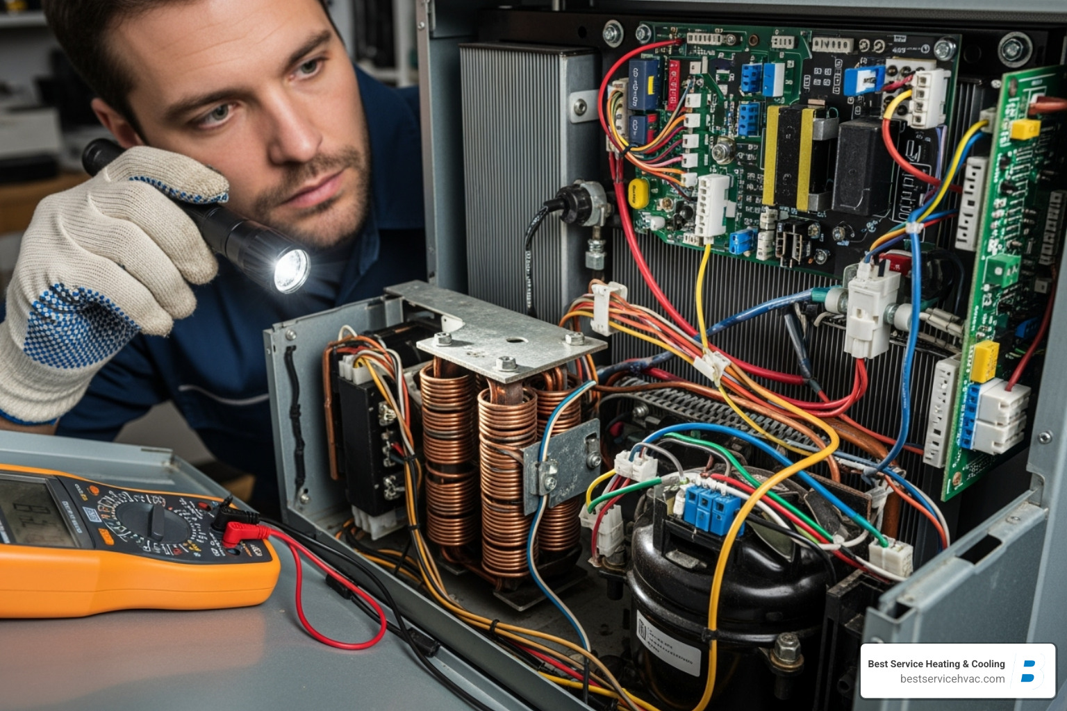A technician inspecting the intricate internal components and wiring of a heat pump unit - bexley heat pump repair A technician inspecting the intricate internal components and wiring of a heat pump unit - bexley heat pump repair