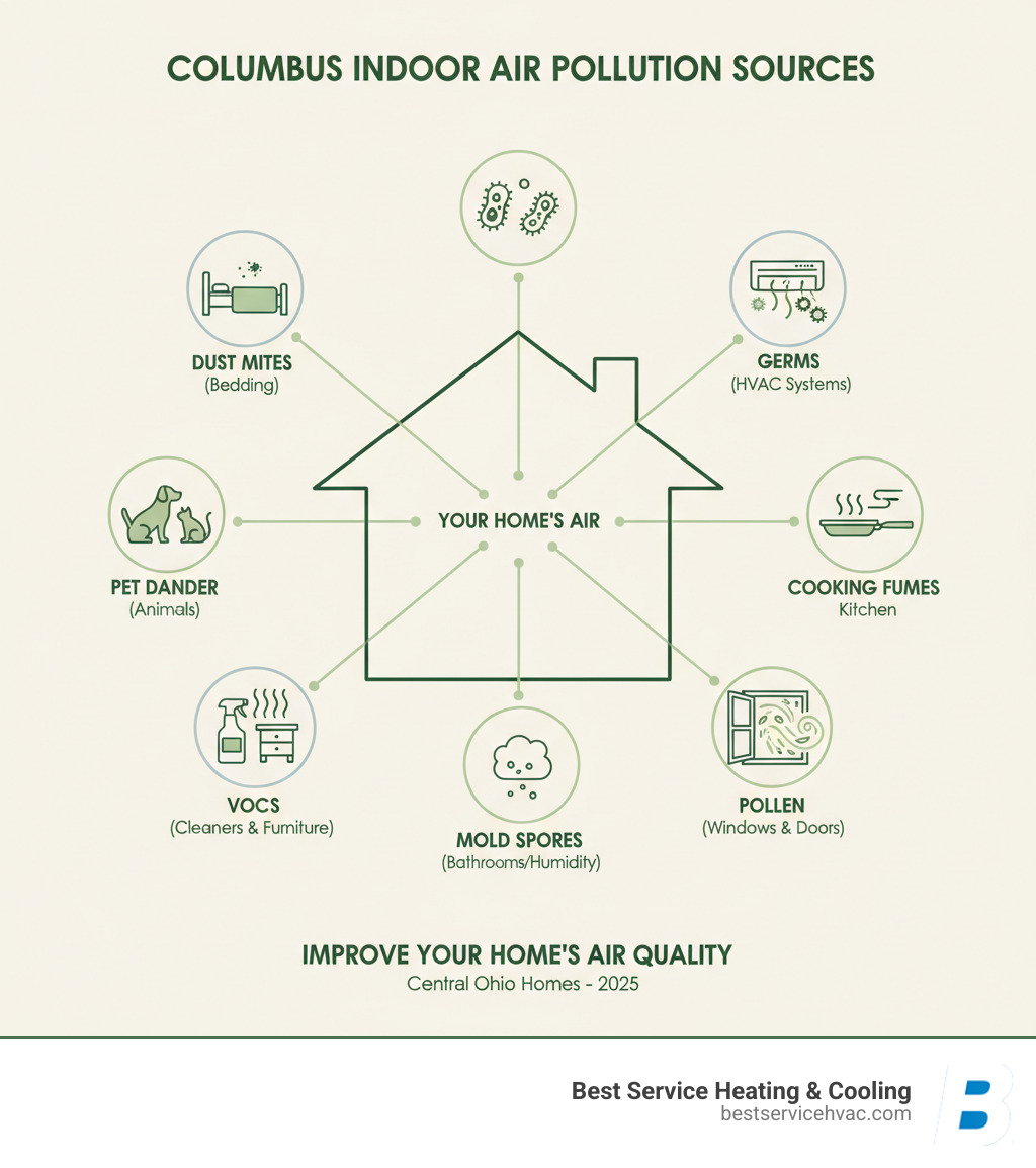 Detailed infographic showing common sources of indoor air pollution in Columbus homes including dust mites from bedding, pet dander from animals, VOCs from cleaning products and furniture, mold spores from humid areas like bathrooms, pollen entering through windows and doors, cooking fumes from kitchen, and bacteria and viruses circulating through HVAC systems - columbus whole house air purifier infographic 