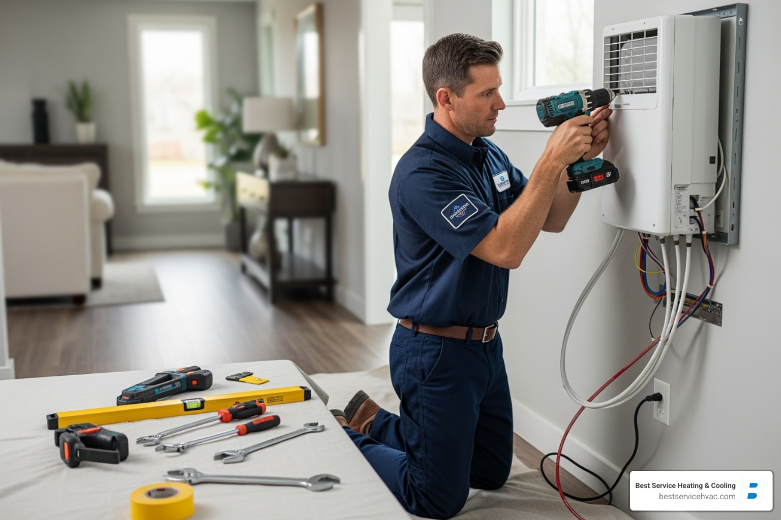A professional HVAC technician cleanly installing an indoor ductless unit on a wall - central ohio ductless hvac