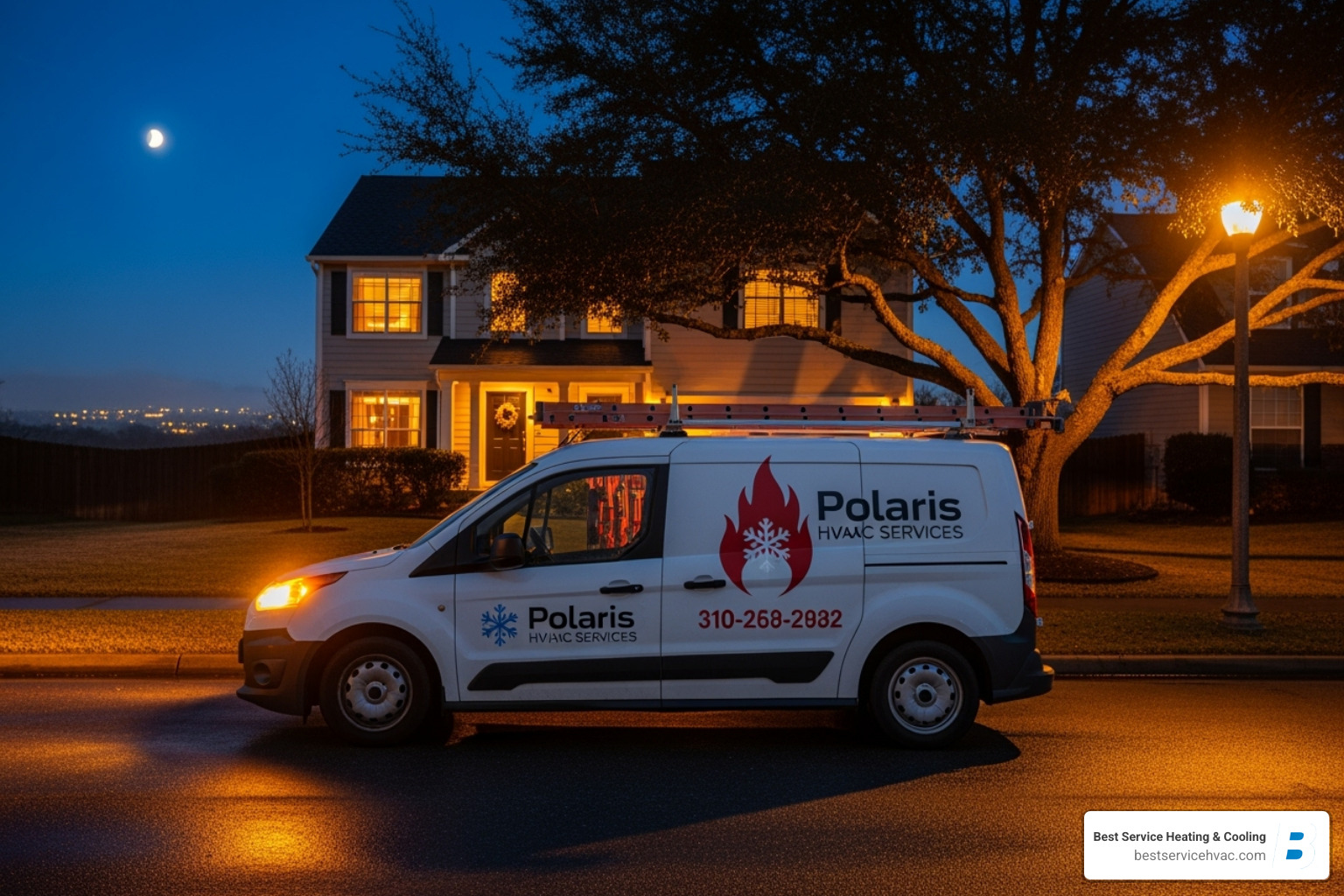 A service van with company logo parked outside a home at night, ready for an emergency call - bexley heat pump repair A service van with company logo parked outside a home at night, ready for an emergency call - bexley heat pump repair