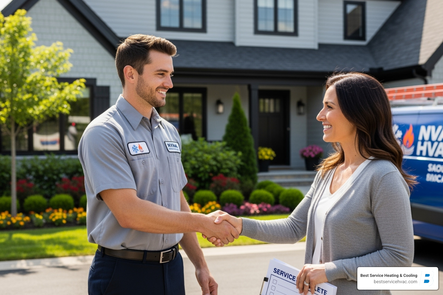 A technician shaking hands with a homeowner in front of a well-maintained home, symbolizing trust and quality service - bexley heat pump repair A technician shaking hands with a homeowner in front of a well-maintained home, symbolizing trust and quality service - bexley heat pump repair