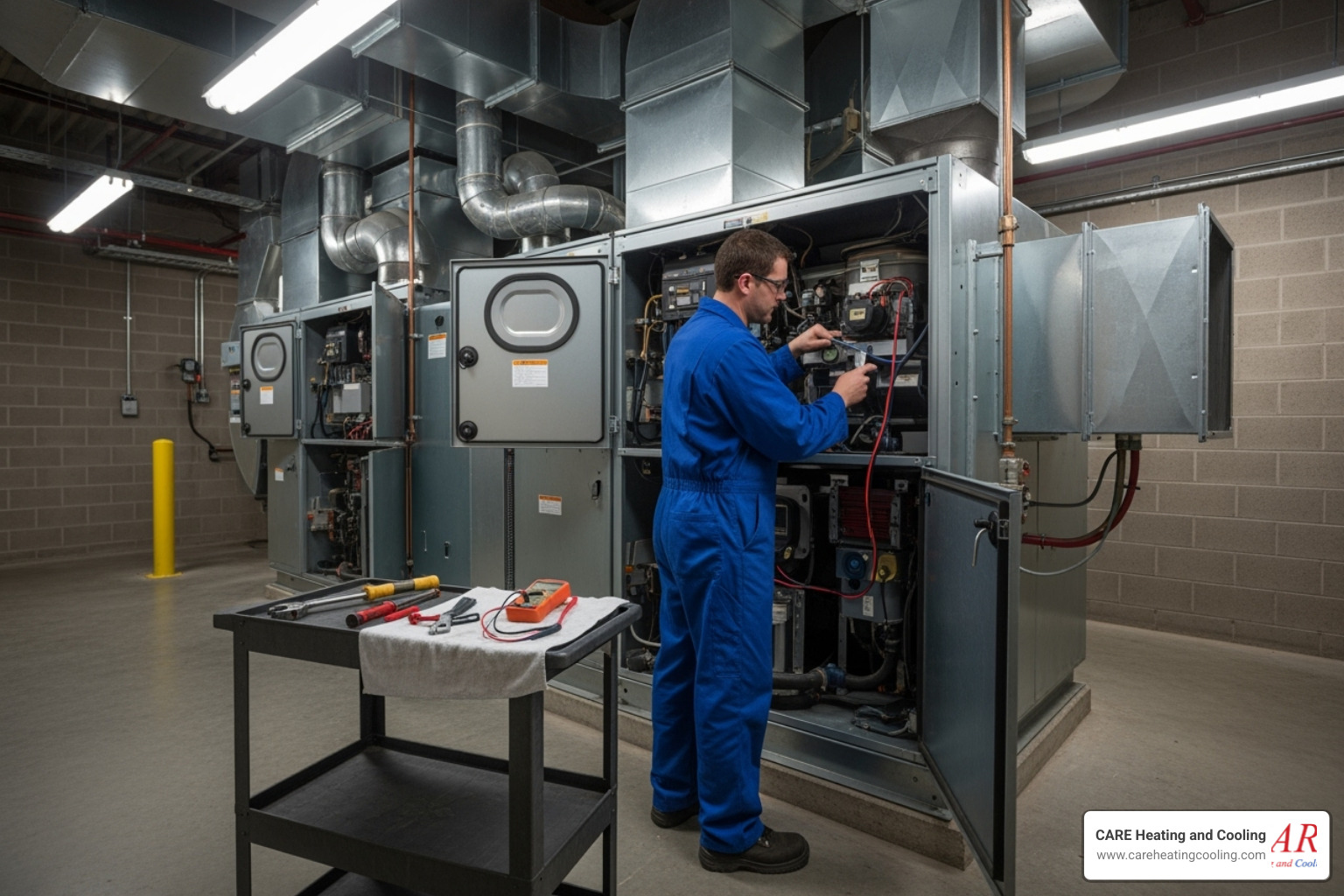 technician performing maintenance on commercial air handler - commercial ac repair westerville
