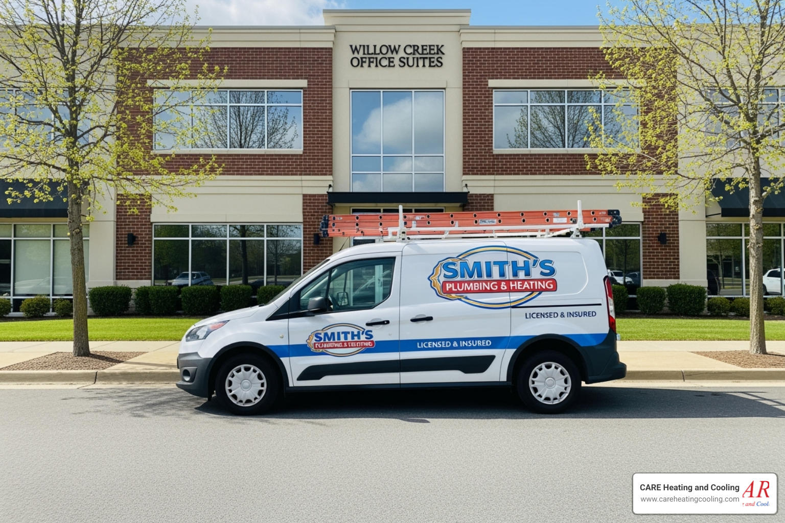 clean branded service vehicle in front of Westerville business - commercial ac repair westerville