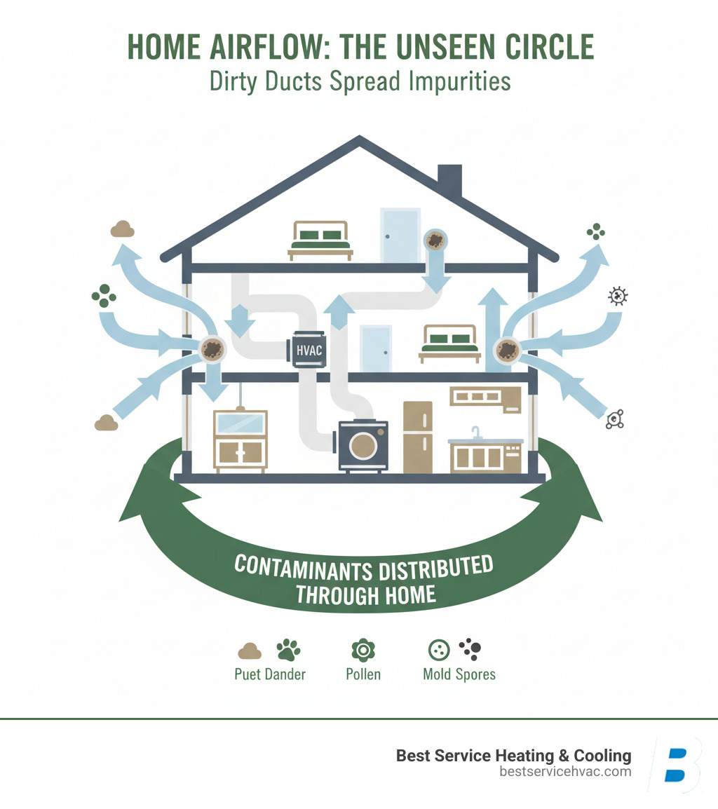 Infographic showing cross-section of home with dirty air ducts circulating dust, pet dander, pollen, mold spores, and other contaminants through supply vents into living spaces, with arrows indicating airflow patterns and highlighting how accumulated debris in ductwork gets distributed throughout the home via the HVAC system - air duct cleaning service central ohio infographic 