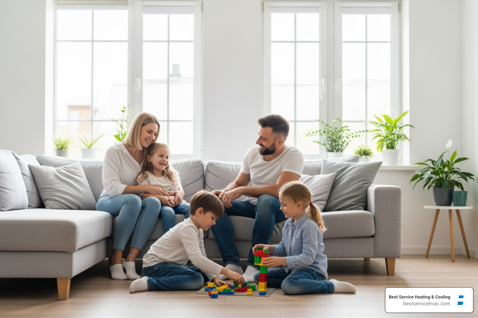 happy family relaxing in their home, emphasizing clean air - air duct cleaning service central ohio