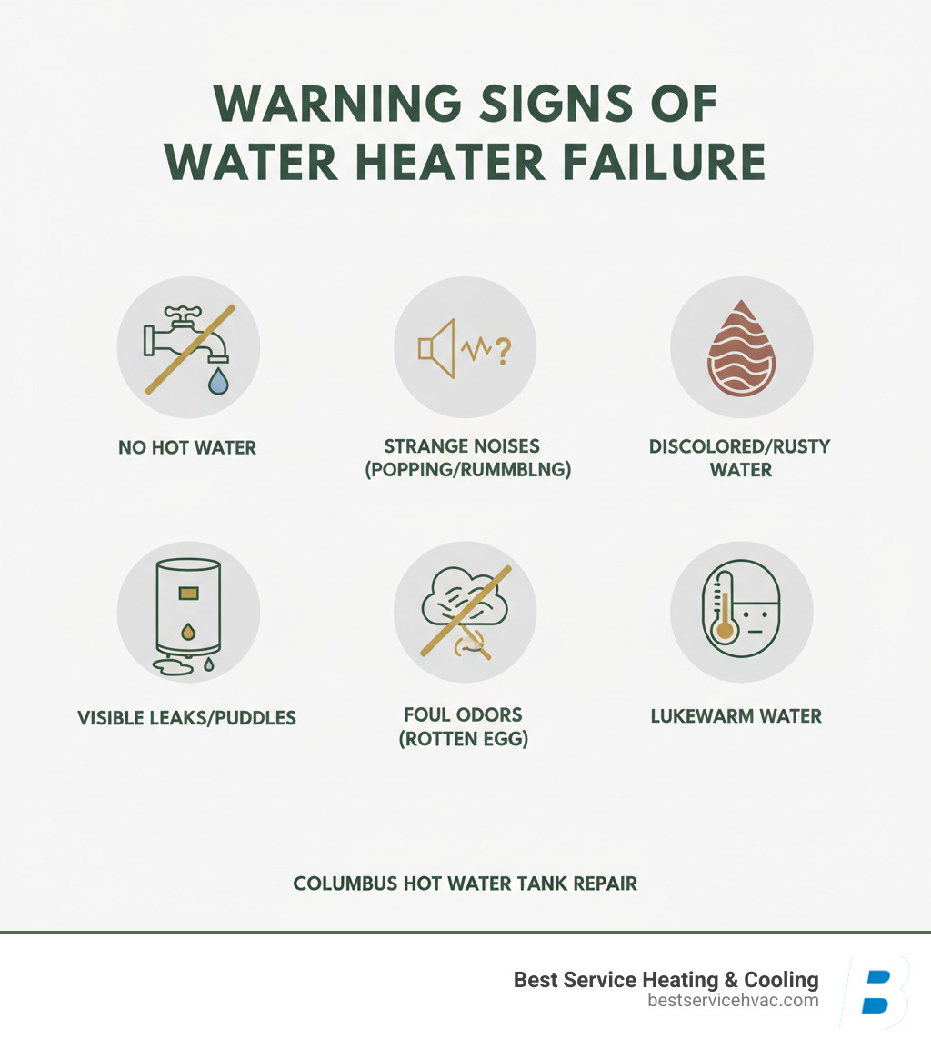 Infographic showing warning signs of water heater failure including no hot water, strange noises like popping and rumbling, discolored or rusty water coming from taps, visible leaks or puddles around the unit base, foul odors especially rotten egg smell, and lukewarm water instead of hot water - columbus hot water tank repair infographic 
