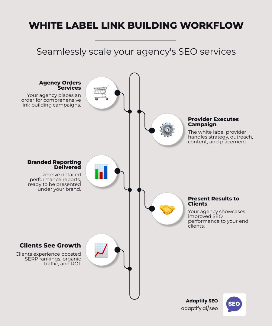 Infographic showing the white label link building workflow: Adaptify (the provider) receives orders from marketing agencies, executes comprehensive link building campaigns including strategy development, publisher outreach, and content creation, then delivers branded reports back to agencies who present results to their end clients under their own brand - private label link building infographic infographic-line-5-steps-neat_beige