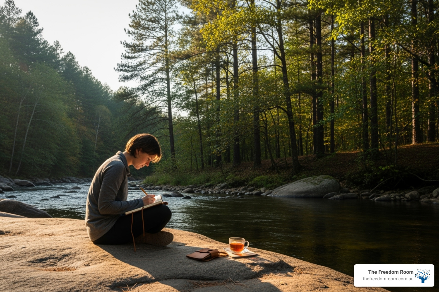 Image of a person journaling in a calm, natural setting - empowerment in addiction recovery
