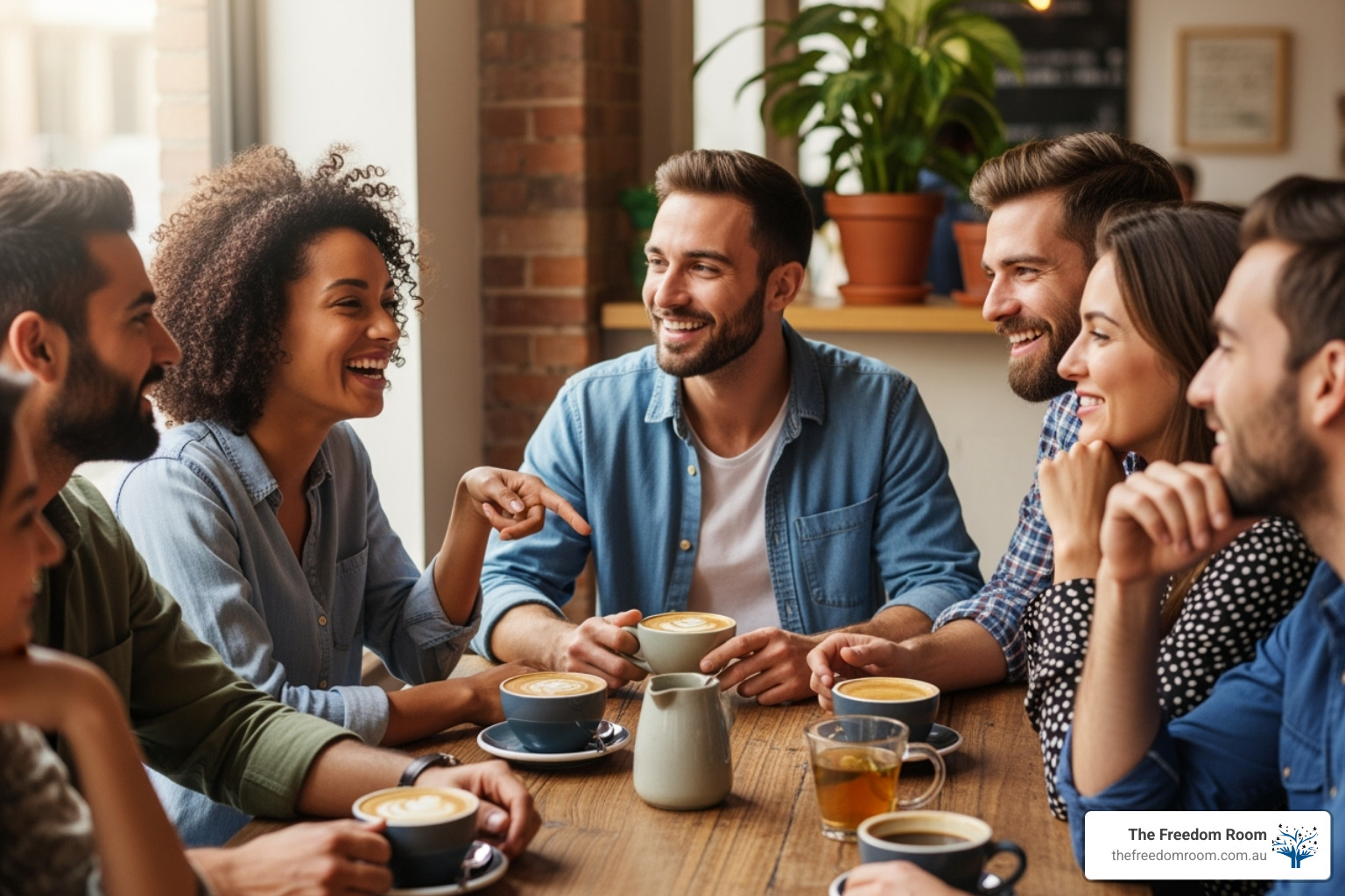 supportive group of diverse friends having coffee - empowerment in addiction recovery