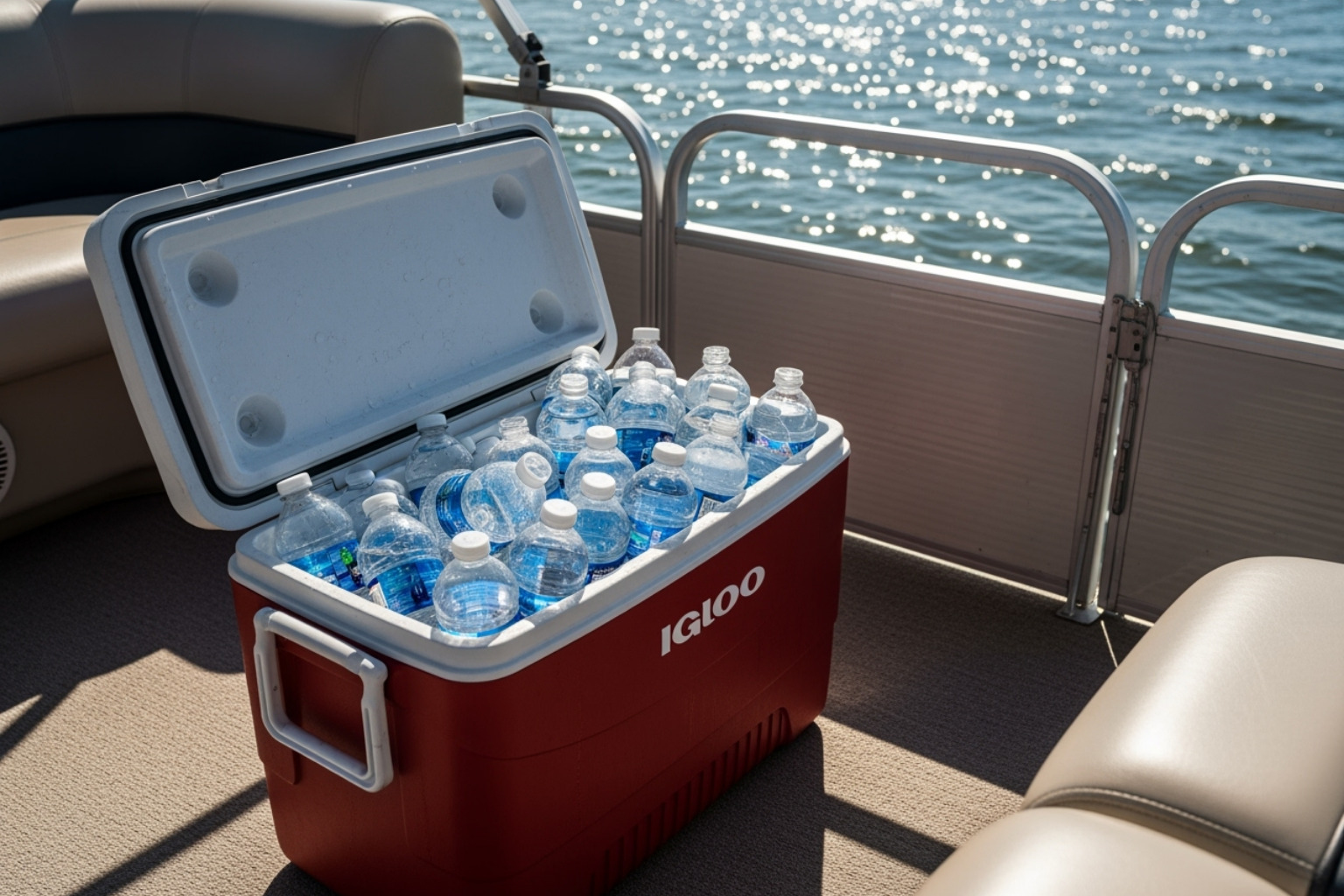 A cooler filled with more water bottles than needed for 1 day out on the water in a pontoon - boating picnic ideas