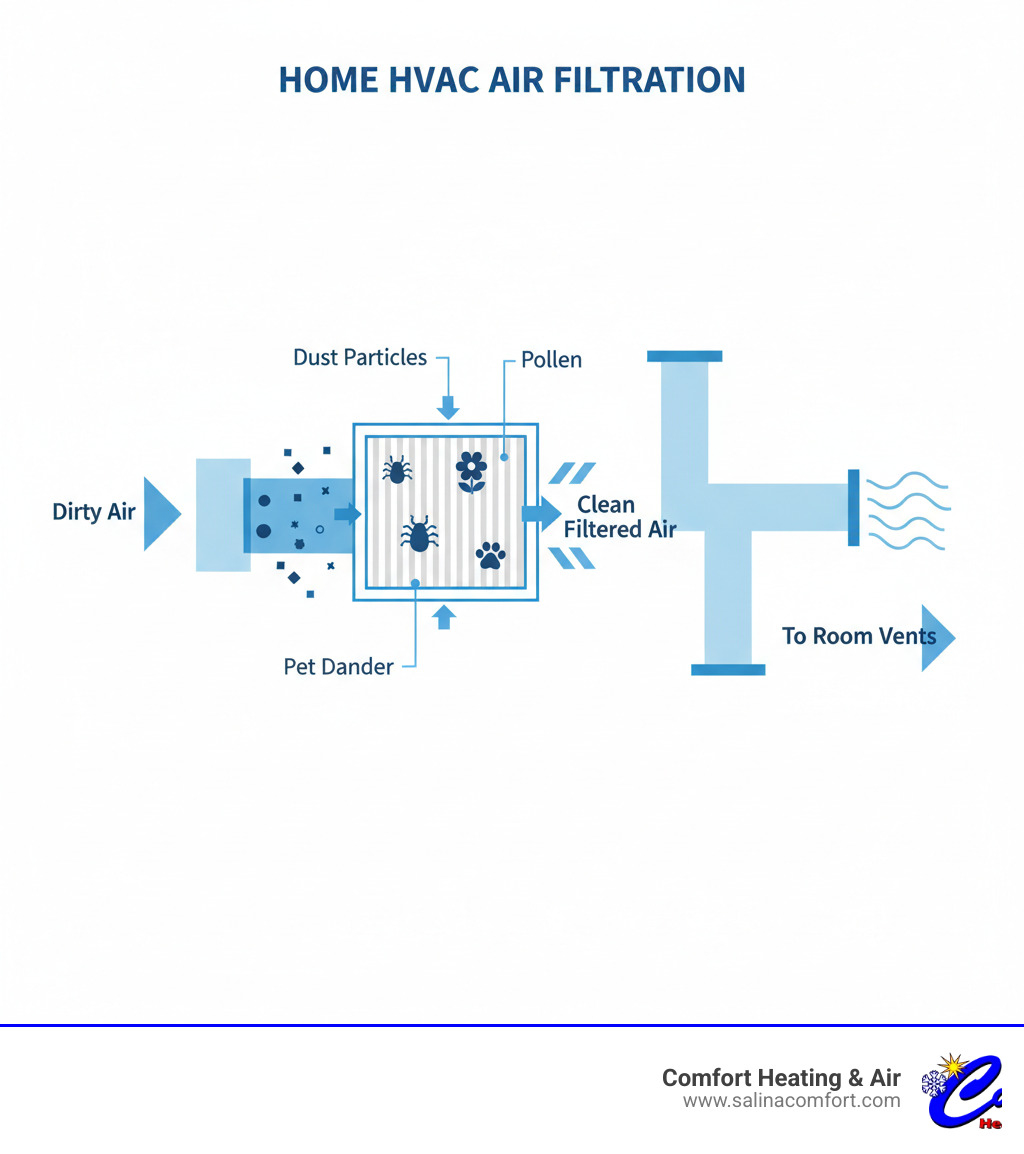 Infographic showing the air filtration process in a home HVAC system, displaying how dirty air enters the return duct, passes through the air filter which captures dust particles, pollen, and pet dander, then clean filtered air flows through the ductwork to room vents, with arrows indicating airflow direction and callouts highlighting trapped contaminants - air filter replacement salina ks infographic 