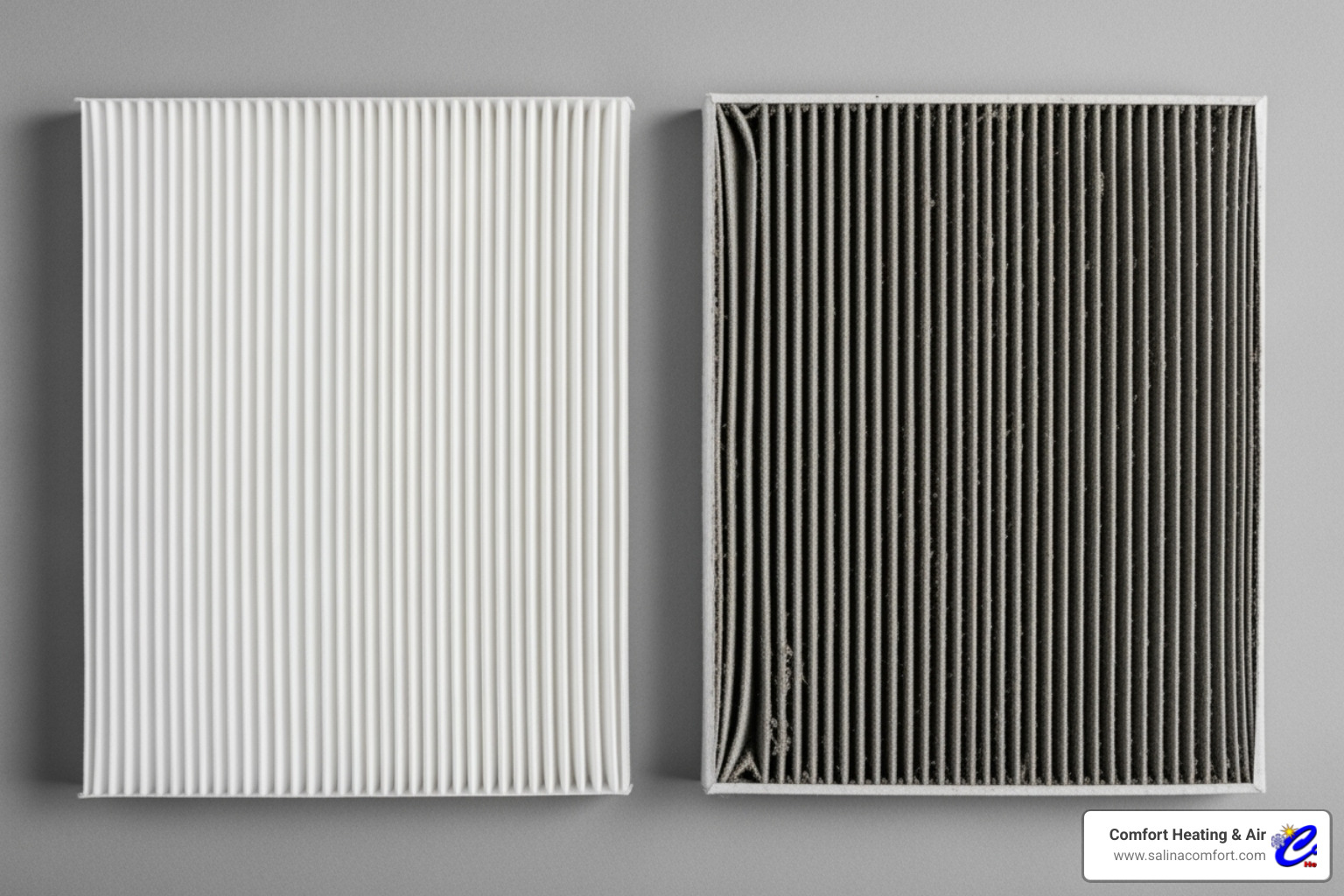Image of a stark comparison between a new, white air filter and a dirty, grey, clogged air filter - air filter replacement salina ks