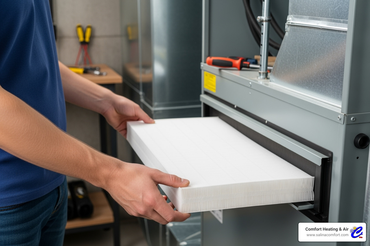 Image of a homeowner easily sliding a new, clean air filter into their home's HVAC unit - air filter replacement salina ks