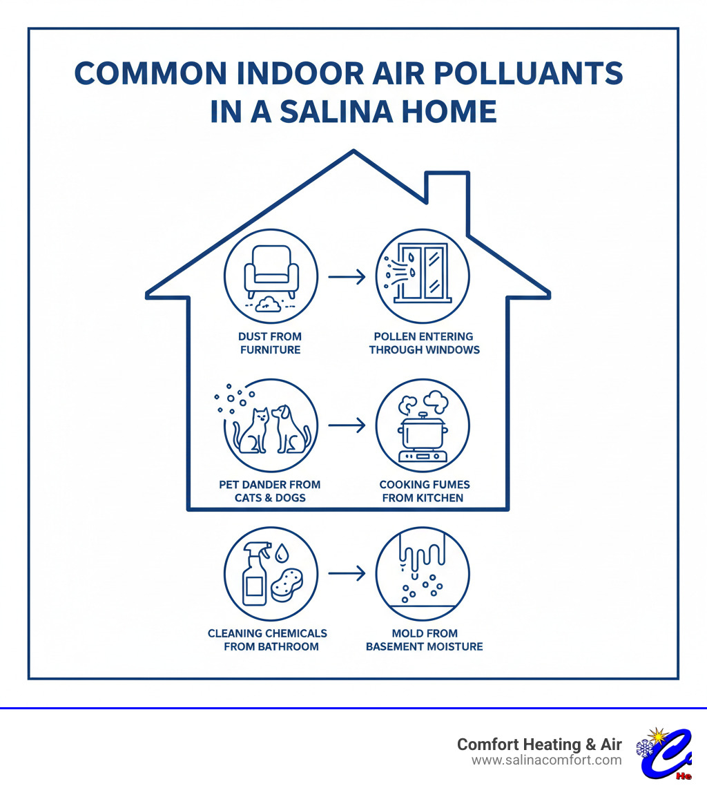 Infographic showing common indoor air pollutants in a Salina home including dust from furniture, pollen entering through windows, pet dander from cats and dogs, cooking fumes from kitchen, cleaning chemicals from bathroom, and mold from basement moisture - air purifier installation salina ks infographic 